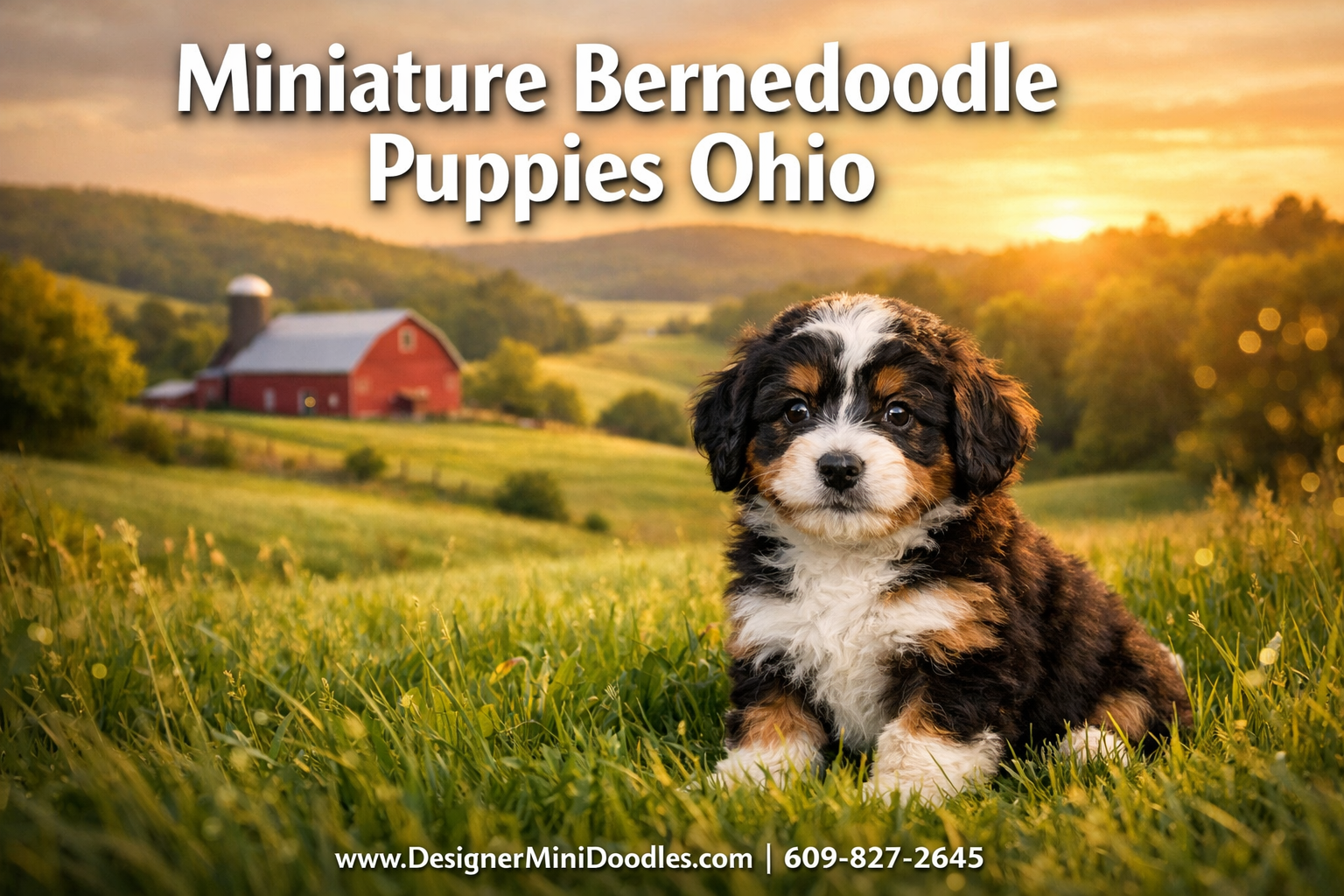 Professional () hero image featuring 'Miniature Bernedoodle Puppies Ohio' in extra large white with dark effect, centered in