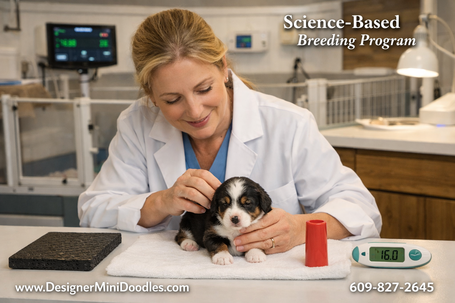 () professional photograph of a veterinarian or animal biologist in a white coat gently examining a tiny tri-color miniature