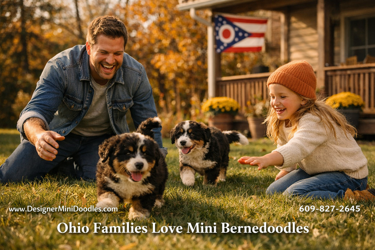 () warm lifestyle photograph of a happy family in an Ohio suburban backyard playing with two miniature bernedoodle puppies