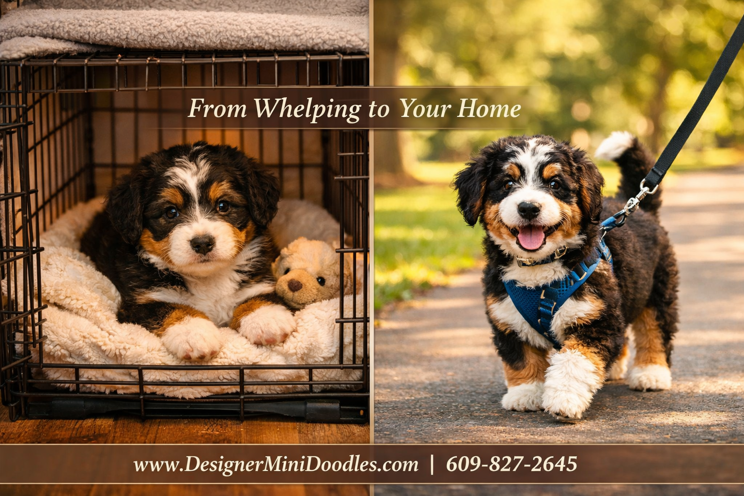 () professional split-image showing the puppy journey: left side shows a miniature bernedoodle puppy in a cozy crate with