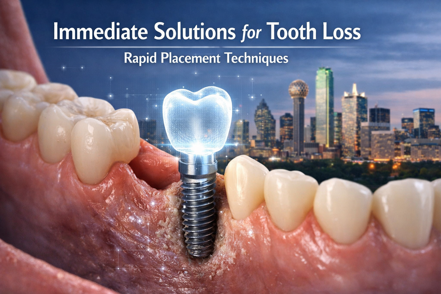 () image showing a close-up of a patient's jaw with a glowing, digital representation of a single missing tooth and a