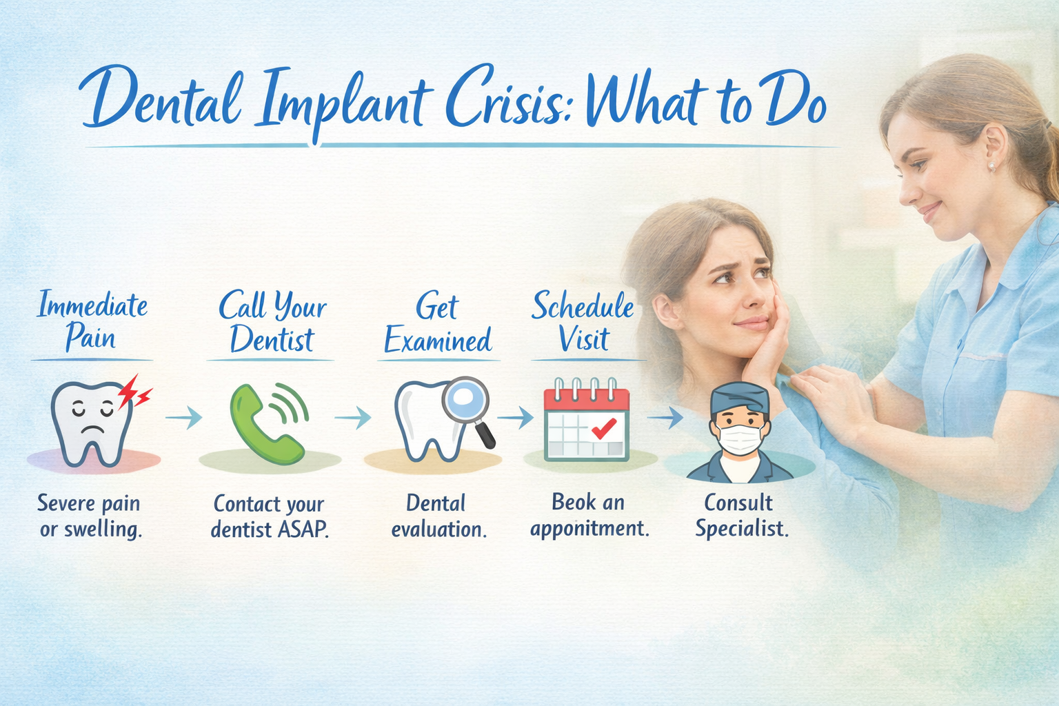 () visual guide depicting a step-by-step flowchart for what to do in a dental implant crisis, starting from 'Immediate Pain'