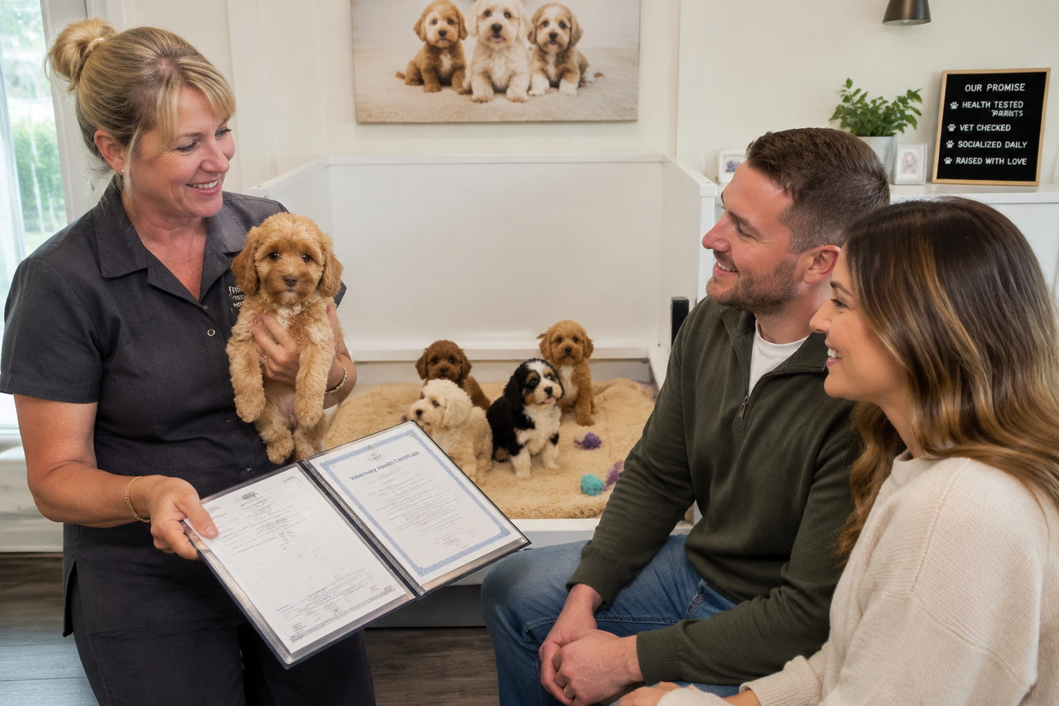 () photograph of a responsible Cavapoo breeder in a clean, bright indoor puppy nursery holding a small apricot Cavapoo puppy