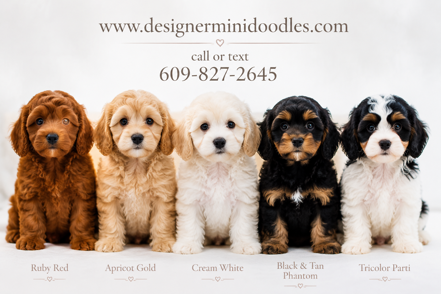 () beautiful photograph showing five Cavapoo puppies in a row on a white studio background, each a different coat color: