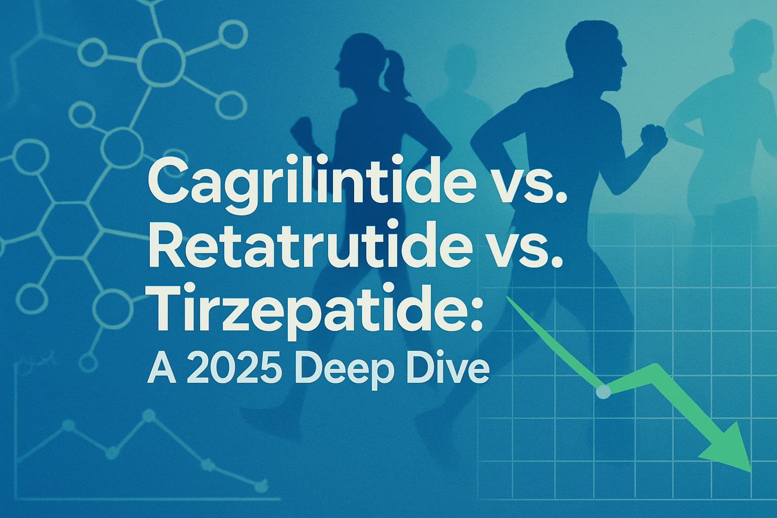 Professional landscape hero image (1536x1024) with bold text overlay: 'Cagrilintide vs. Retatrutide vs. Tirzepatide: A 2025 Deep Dive', mode