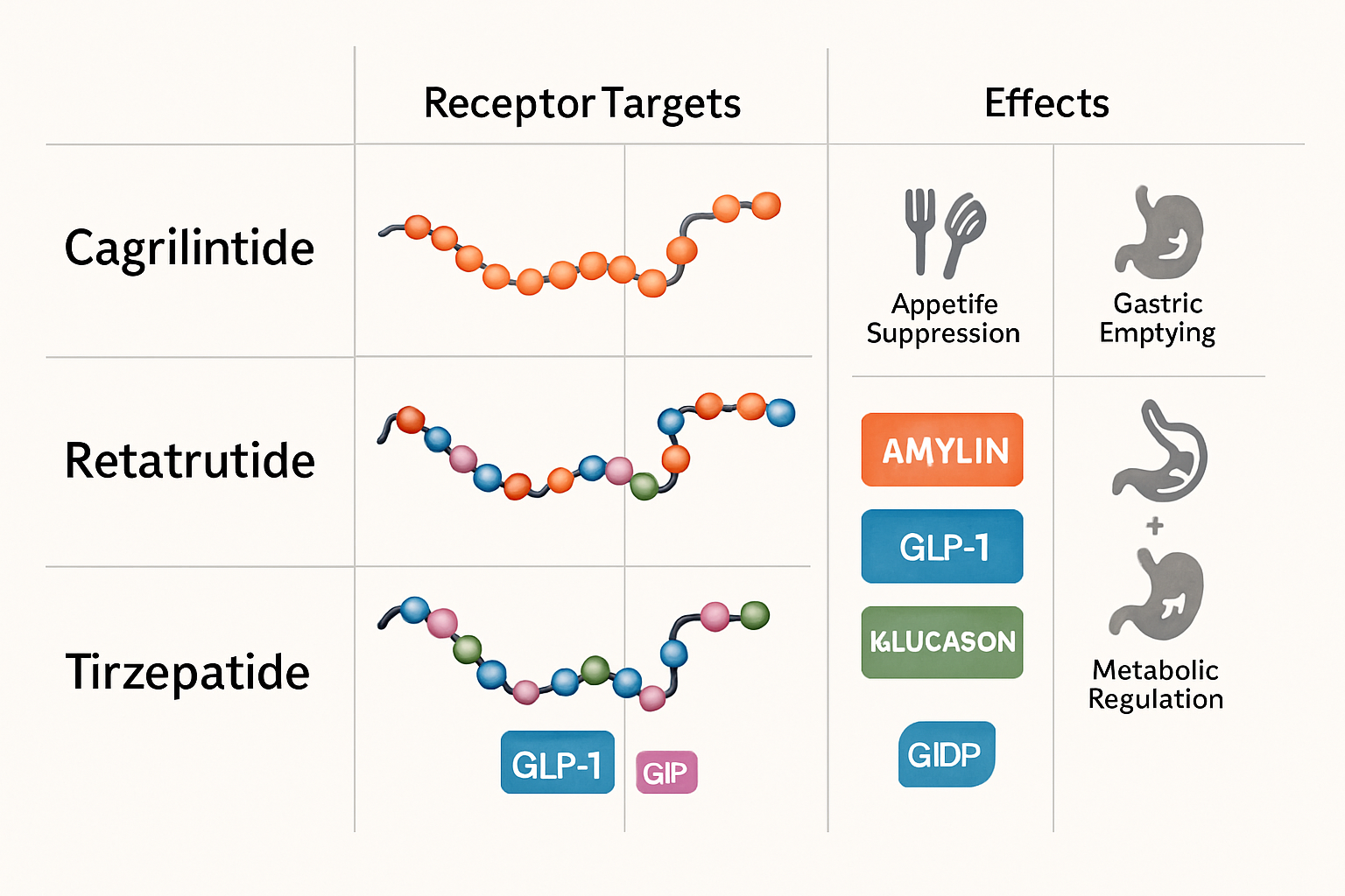 An intricate infographic comparison table showcasing the molecular structures and mechanisms of action for Cagrilintide, Retatrutide, and Ti