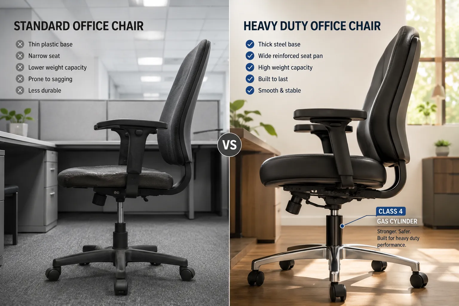 Office Desk Chairs for Heavy People Editorial landscape format (1536x1024) split screen comparison image. Left side shows a standard office chair with a thin plastic base and narrow seat under harsh fluorescent lighting, visibly sagging. Right side shows a heavy duty office chair with a thick steel five star base, wide reinforced seat pan, and class 4 gas cylinder highlighted, under warm natural daylight. Clean modern office setting, professional product photography style, high detail on base materials and structural differences. What's the Difference Between a 300 lb Capacity Chair and a 500 lb Capacity Chair?