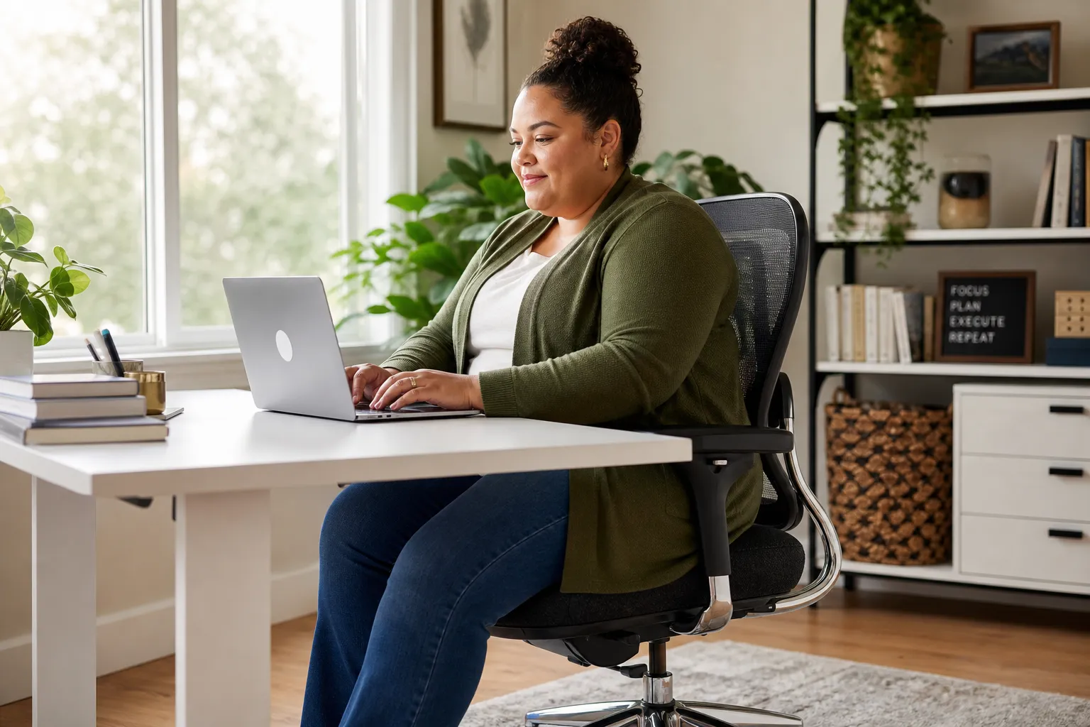 Office Desk Chairs for Heavy People Editorial landscape format (1536x1024) photograph of a diverse plus size professional seated comfortably in a modern mesh back heavy duty office chair at a clean white desk, working at a laptop. Bright natural daylight from a window, modern home office setting with plants and shelving. The chair has a visible wide seat and metal base. Warm professional atmosphere, shallow depth of field focused on the user's supported posture and relaxed expression. Magazine quality editorial photography. Step by Step Selection Guide