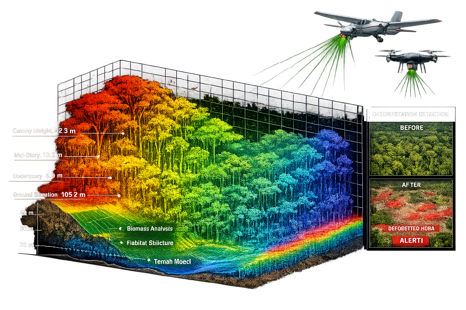 () comprehensive visualization of airborne lidar scanning technology mapping tropical forest structure. Scene shows