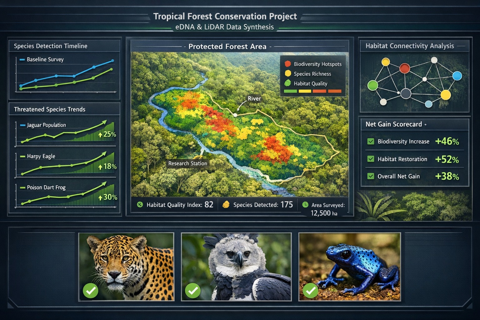 () integrated dashboard visualization showing combined eDNA and lidar data synthesis for biodiversity net gain assessment in