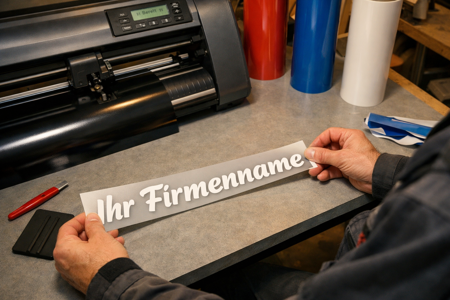 () close-up overhead shot of a professional vinyl cutter machine producing cut lettering for a truck, with rolls of colored