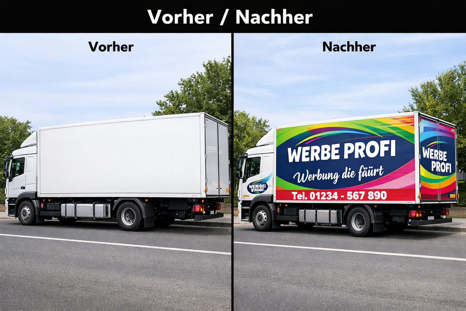 () side-by-side comparison image split down the middle: left side shows a plain unmarked white LKW parked on a street, right