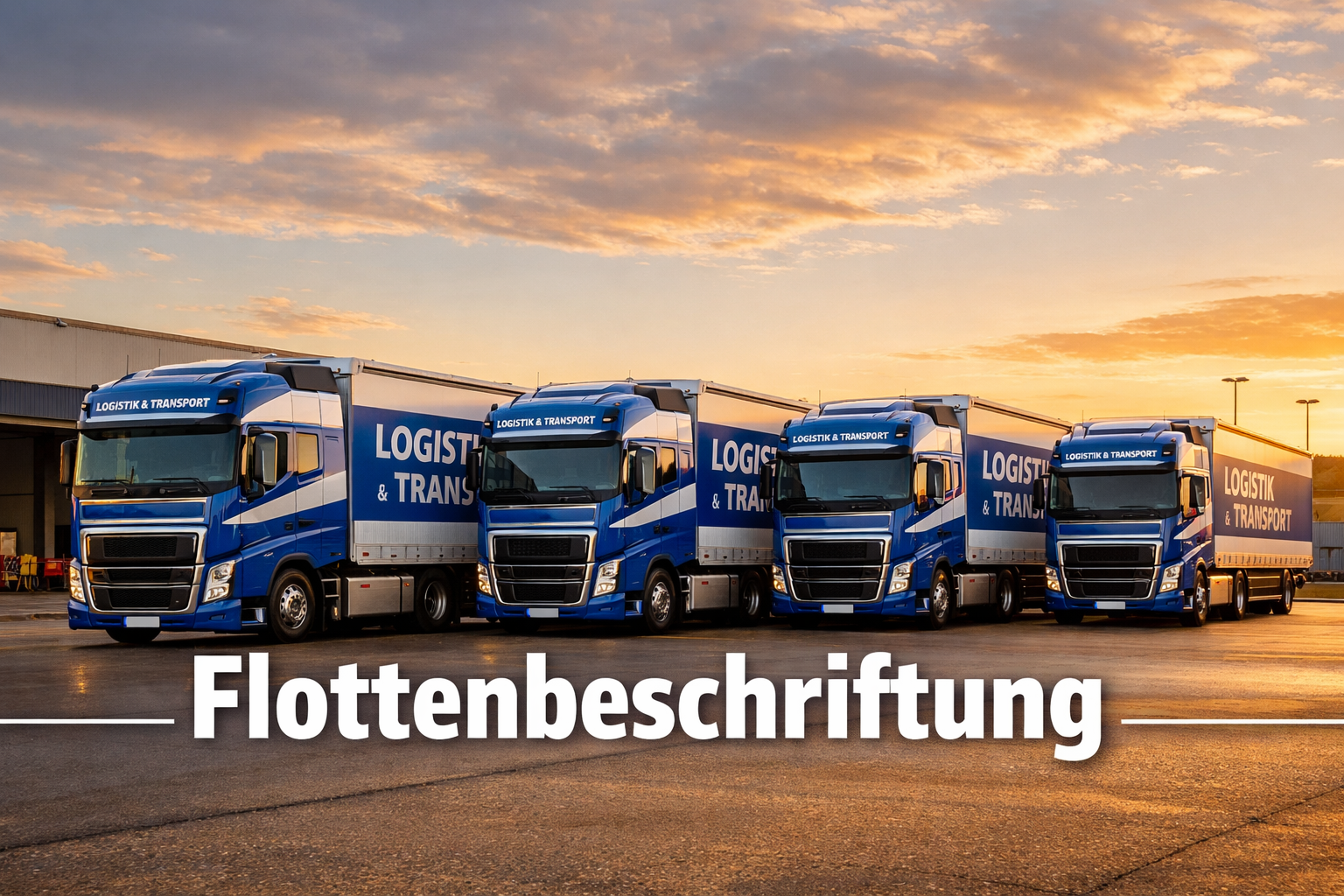 () wide-angle shot of a fleet of five matching beschrifteten LKWs lined up in a logistics depot yard at golden hour, all