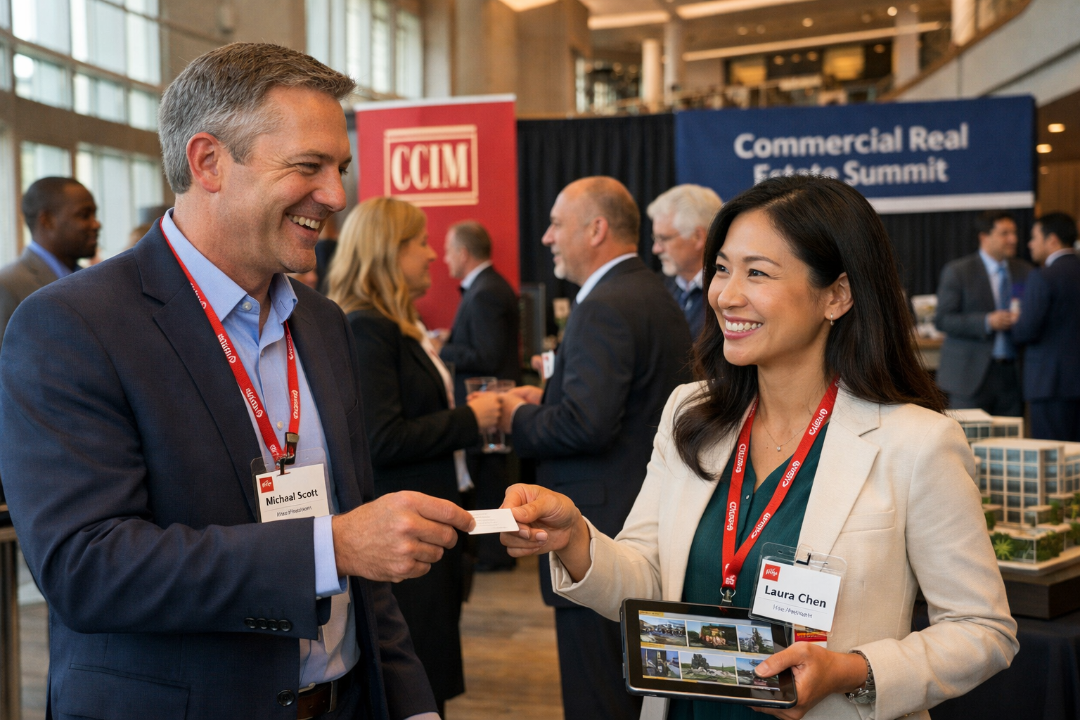 Landscape format (1536x1024) professional photograph of diverse business networking event in modern conference center with high ceilings and