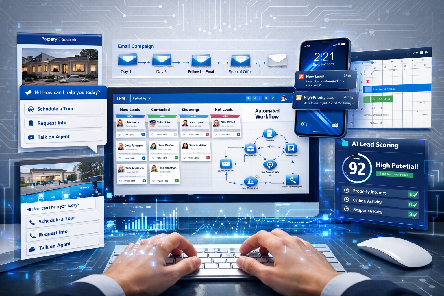 Landscape format (1536x1024) sophisticated composite image showing automation and technology tools for commercial real estate lead generatio