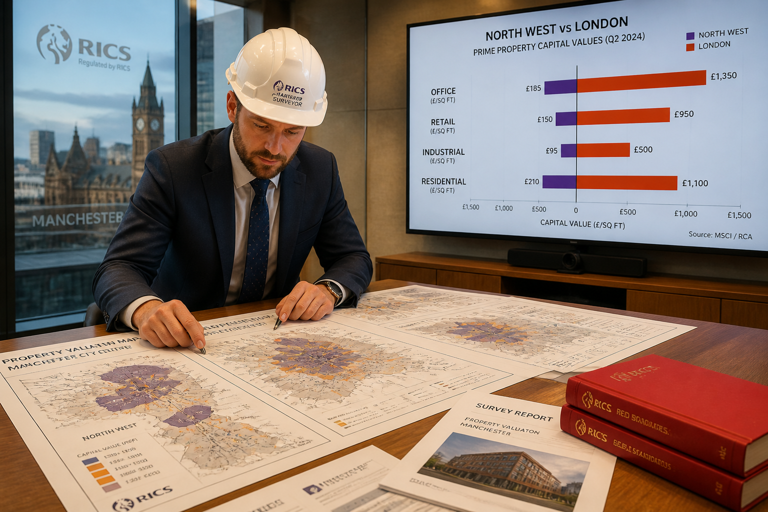 Wide-angle editorial photograph of a professional RICS chartered surveyor in a hard hat and suit reviewing large printed