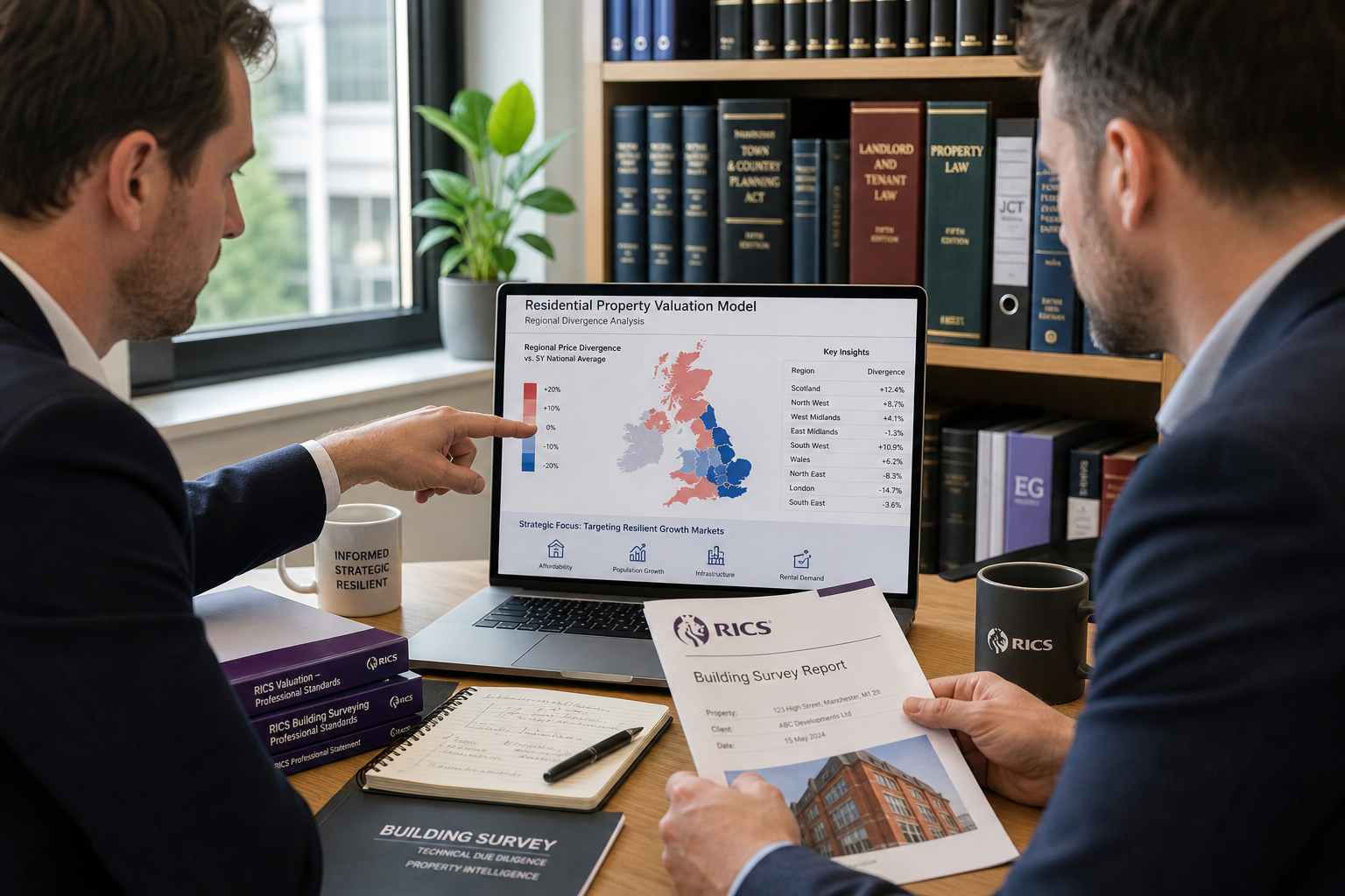 Close-up editorial photograph of two surveyors at a desk in a bright modern office, one pointing to a laptop screen