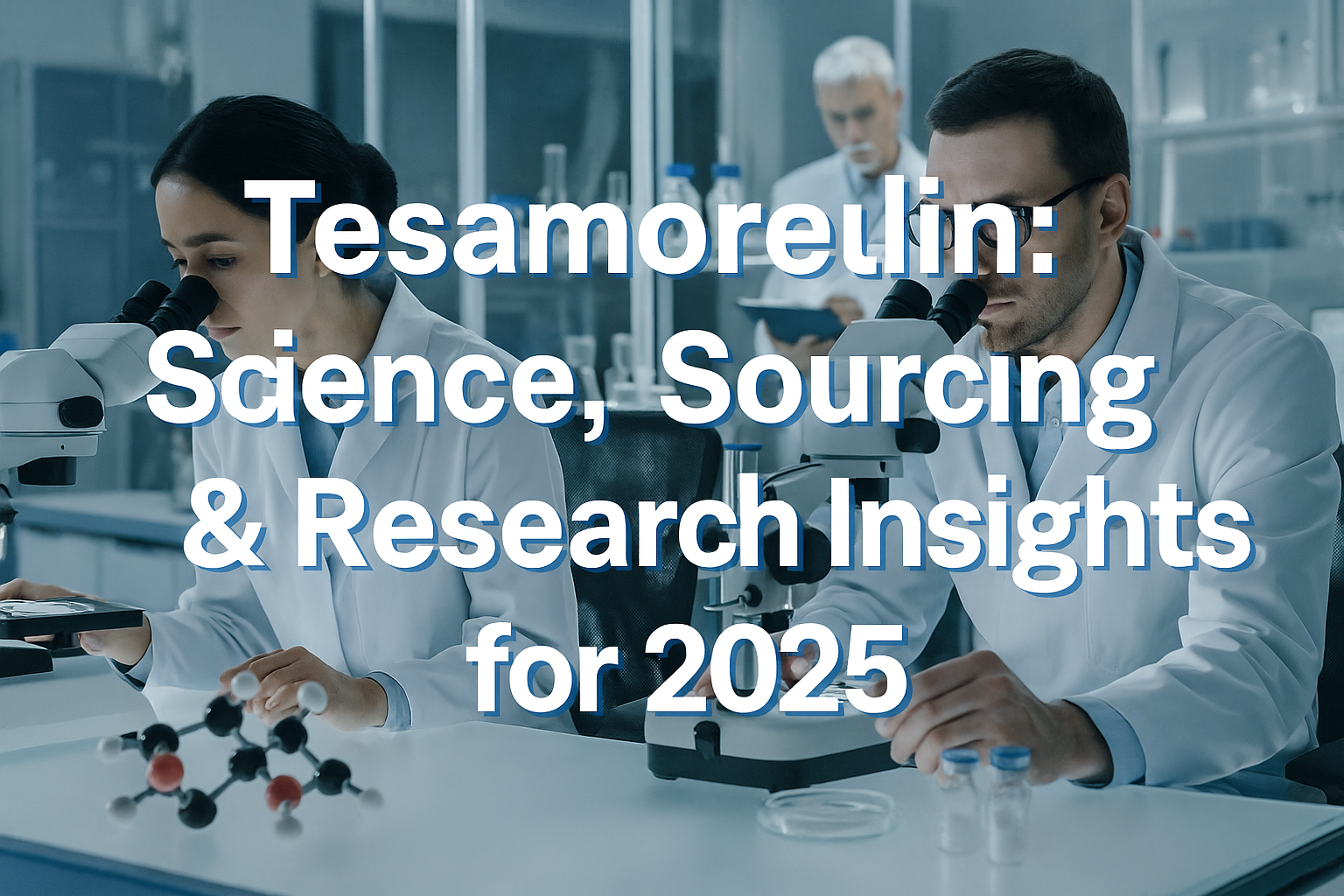 Professional landscape hero image (1536x1024) with bold text overlay: 'Tesamorelin: Science, Sourcing & Research Insights for 2025', modern 
