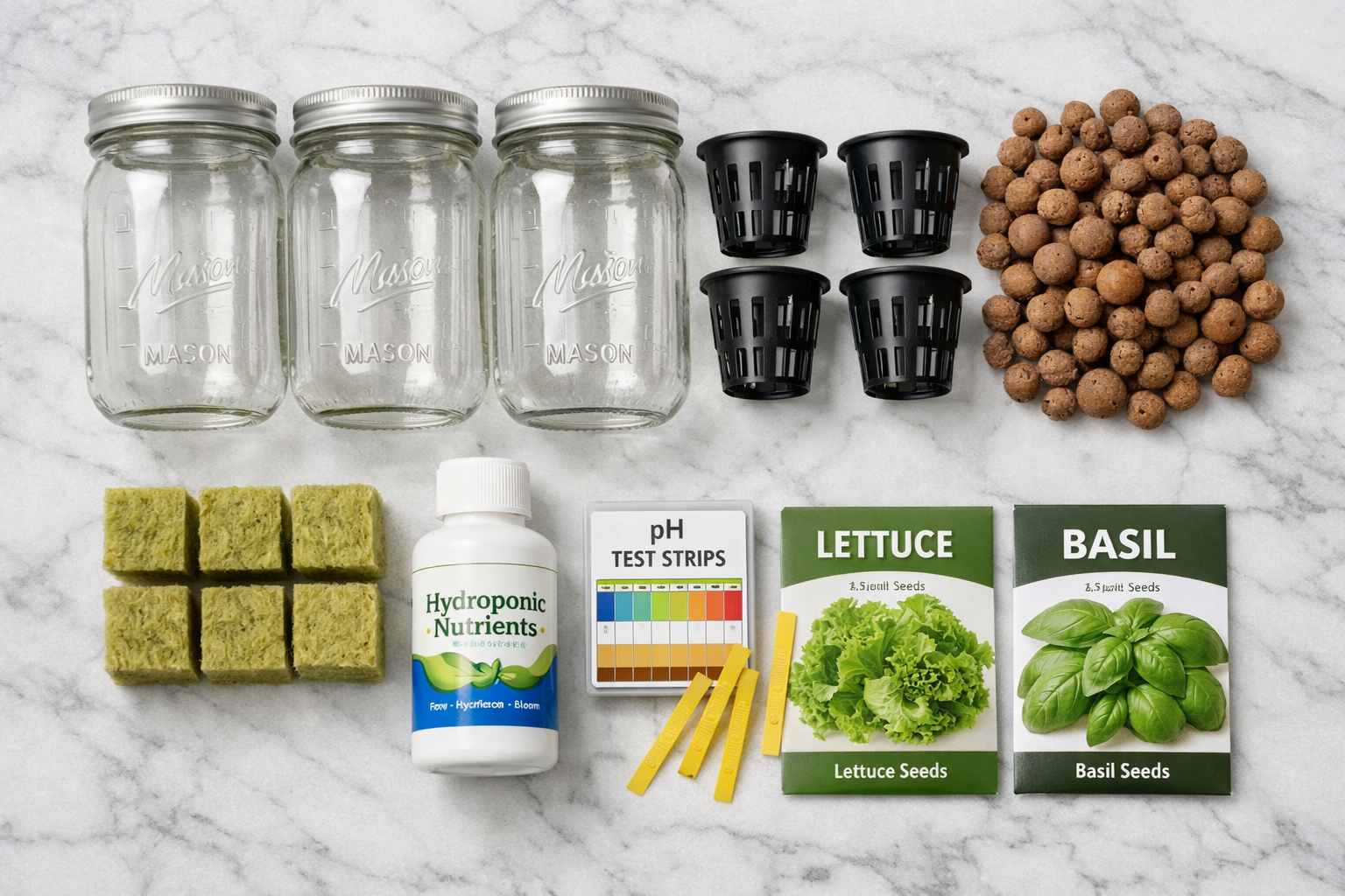 Close-up overhead flat-lay shot on a white marble kitchen countertop showing all Kratky mason jar hydroponics supplies laid