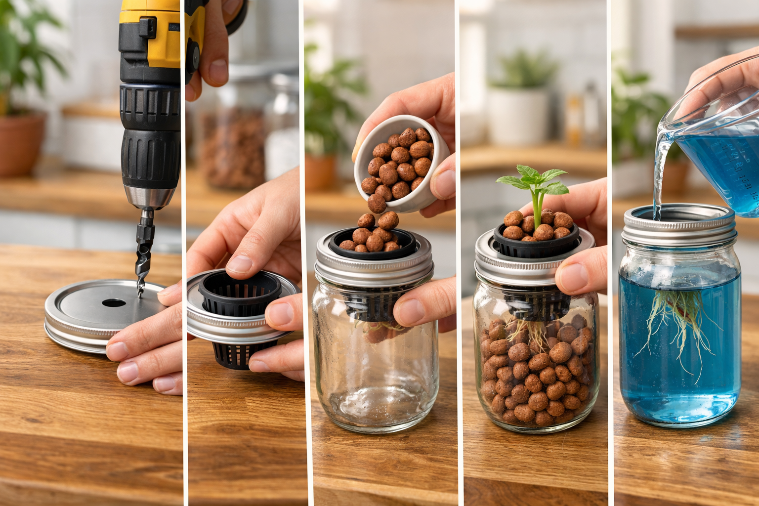 Step-by-step visual sequence showing hands assembling a Kratky mason jar system: drilling a hole in a mason jar lid,