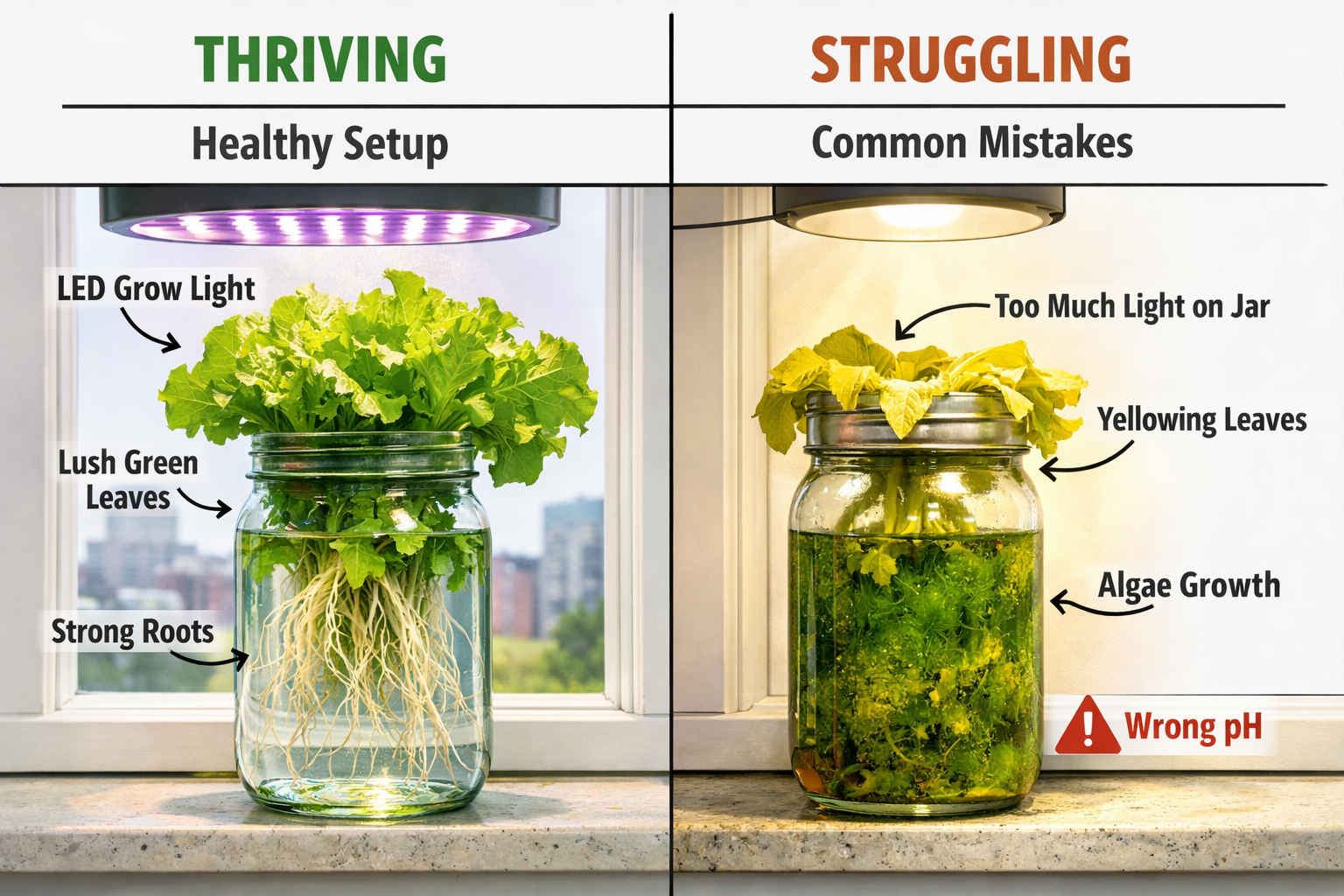 Split-scene comparison image showing two mason jar setups side by side on an apartment windowsill: left jar thriving with