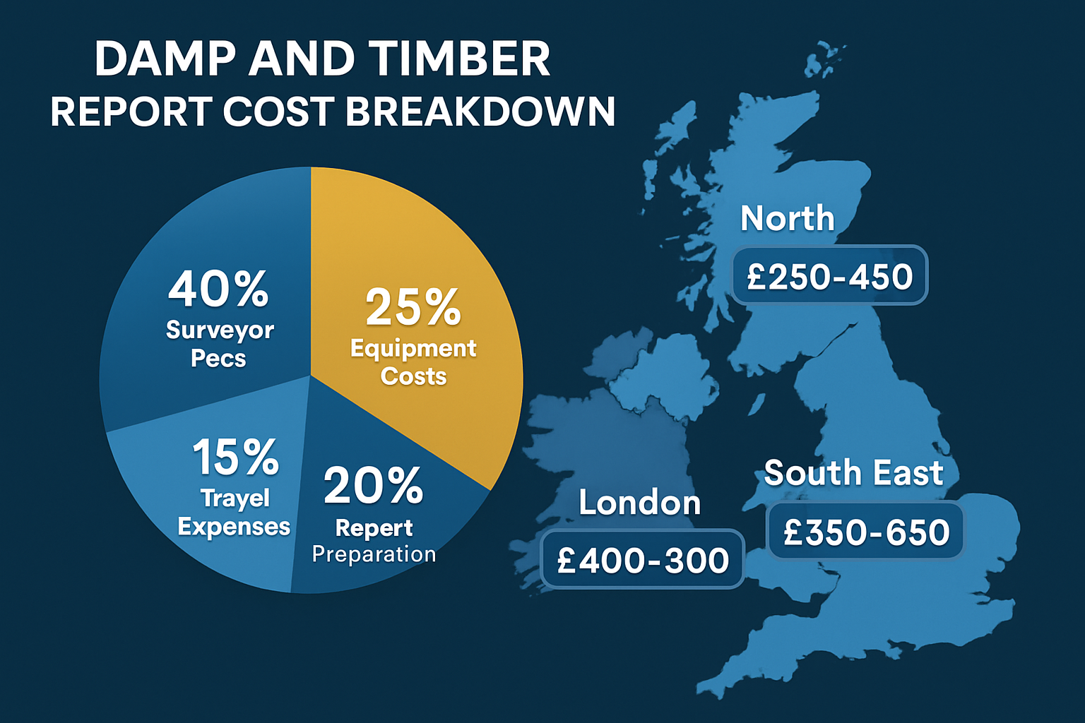Detailed infographic showing damp and timber report cost breakdown across UK regions (1536x1024). Central pie chart displays cost components