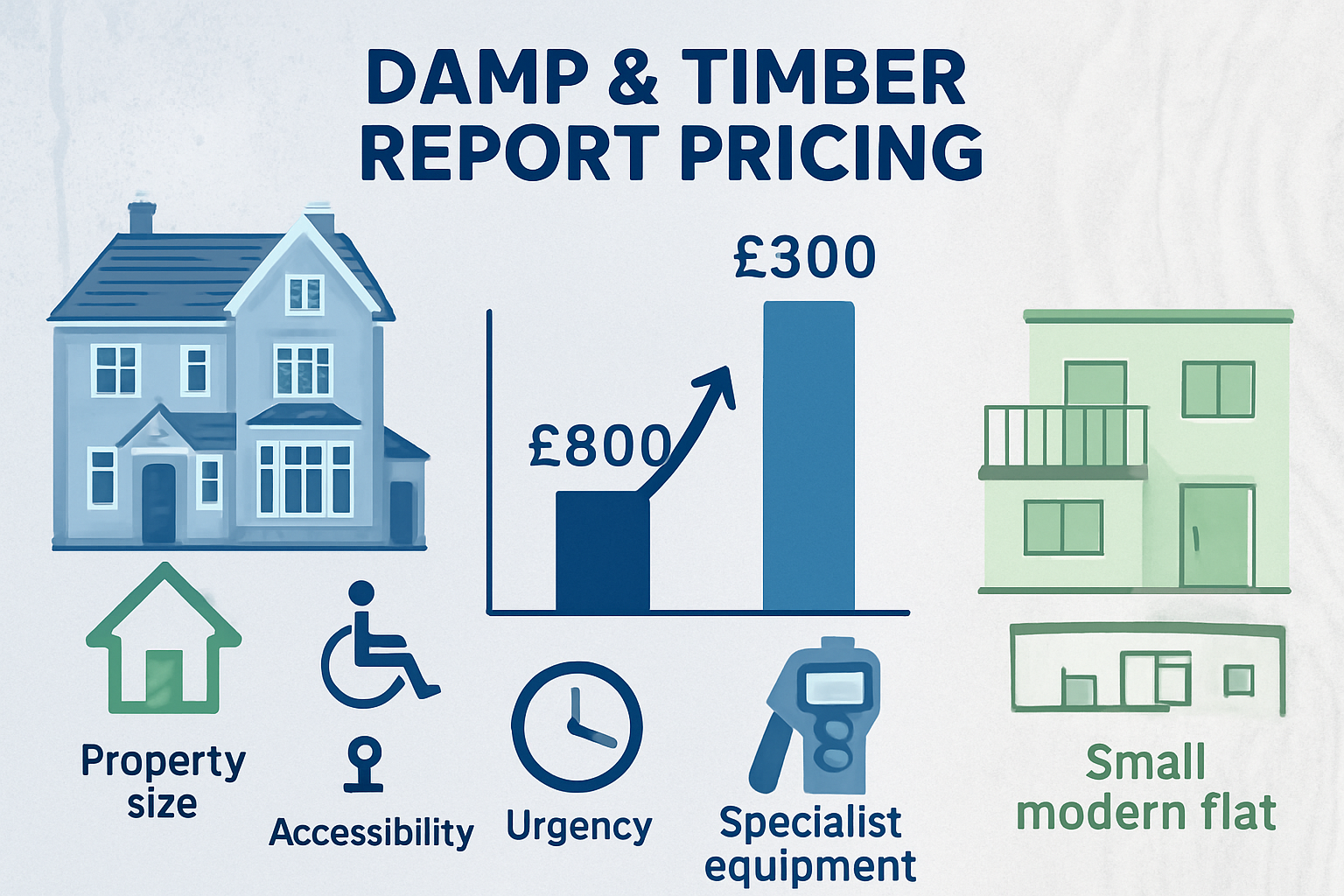 Professional landscape image (1536x1024) showing factors affecting damp and timber report pricing. Split composition: left shows large Victo