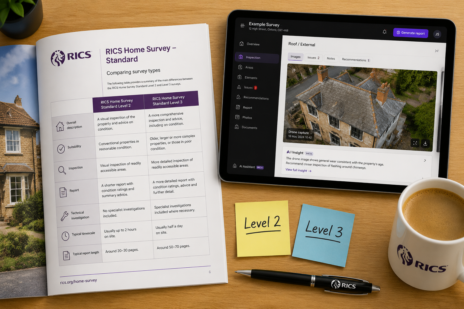 Close-up flat-lay photograph on a light oak desk showing a printed RICS Home Survey Standard document open to a comparison