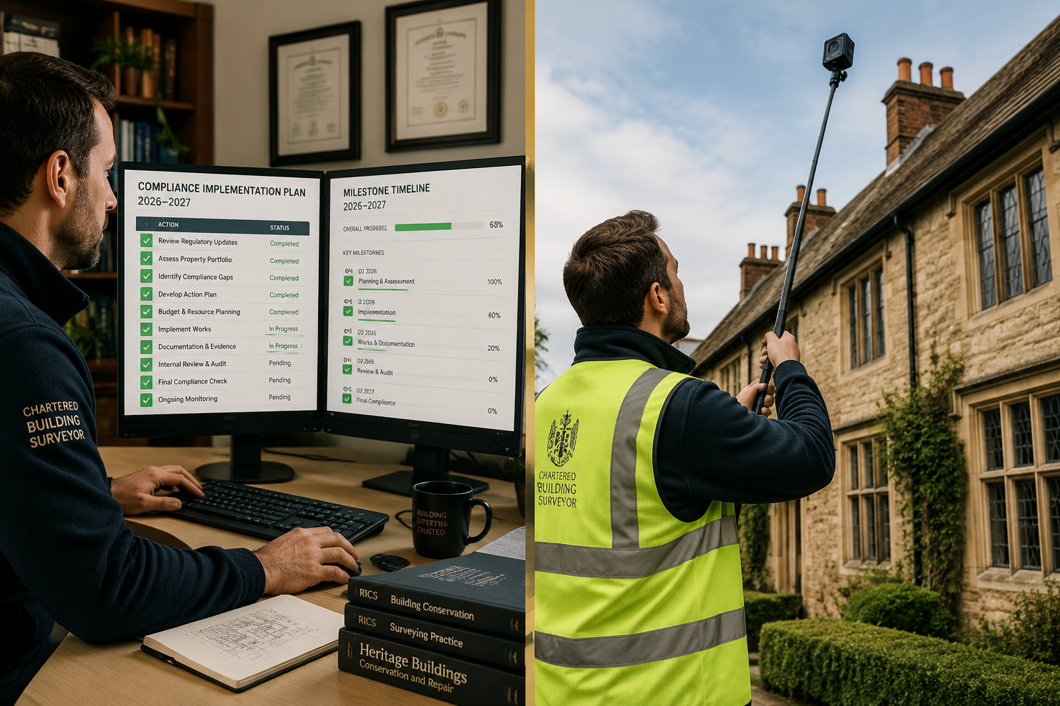 Split-screen landscape image: left side shows a building surveyor at a desk with dual monitors displaying a structured