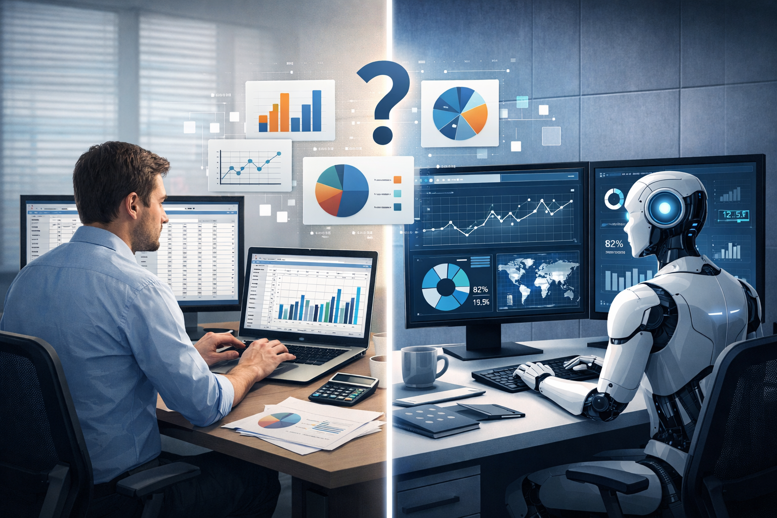 Detailed landscape format (1536x1024) editorial illustration showing a modern office environment with a human data analyst working alongside