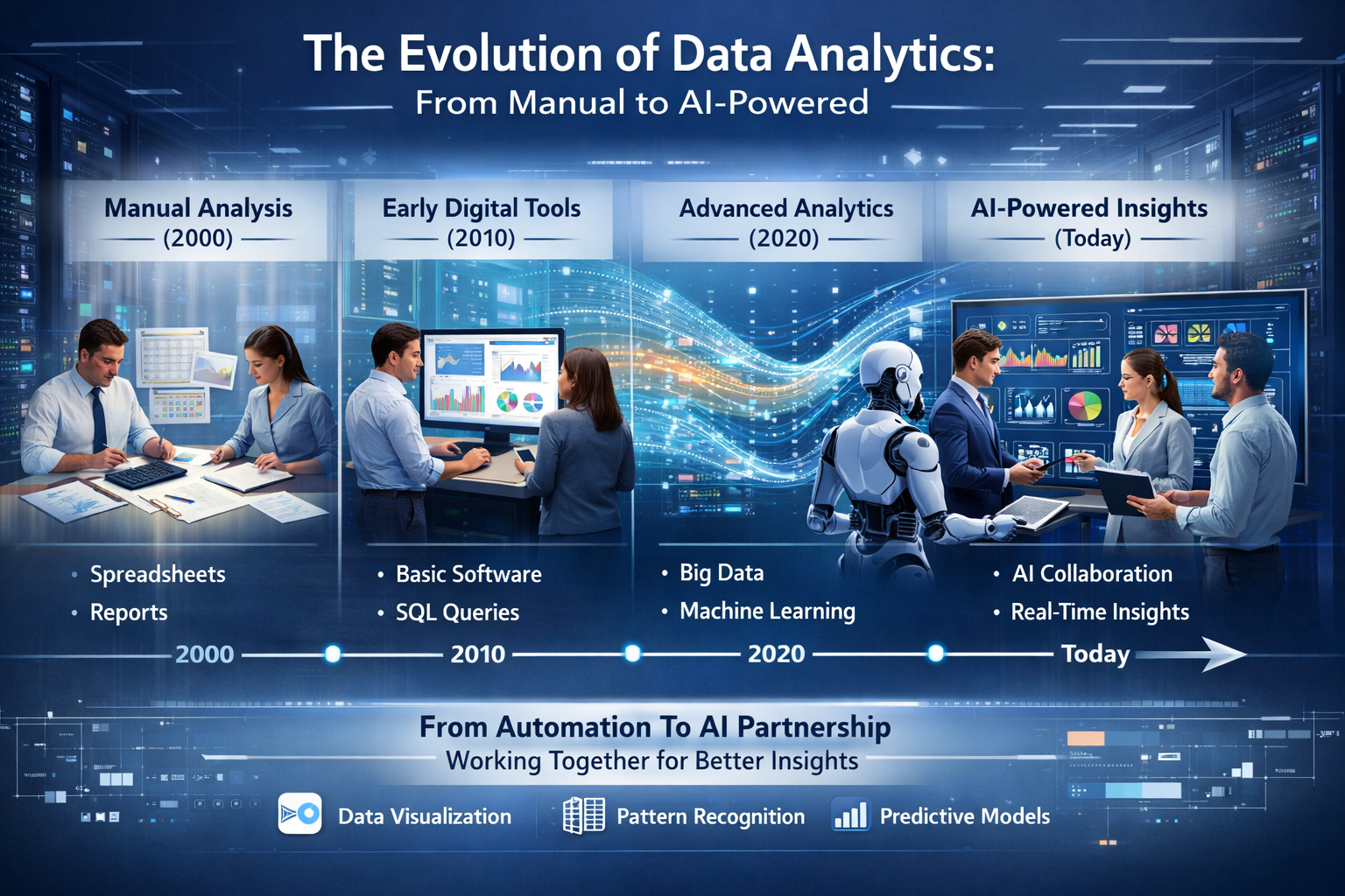 Professional landscape format (1536x1024) infographic-style illustration depicting the evolution of data analytics from manual processes to