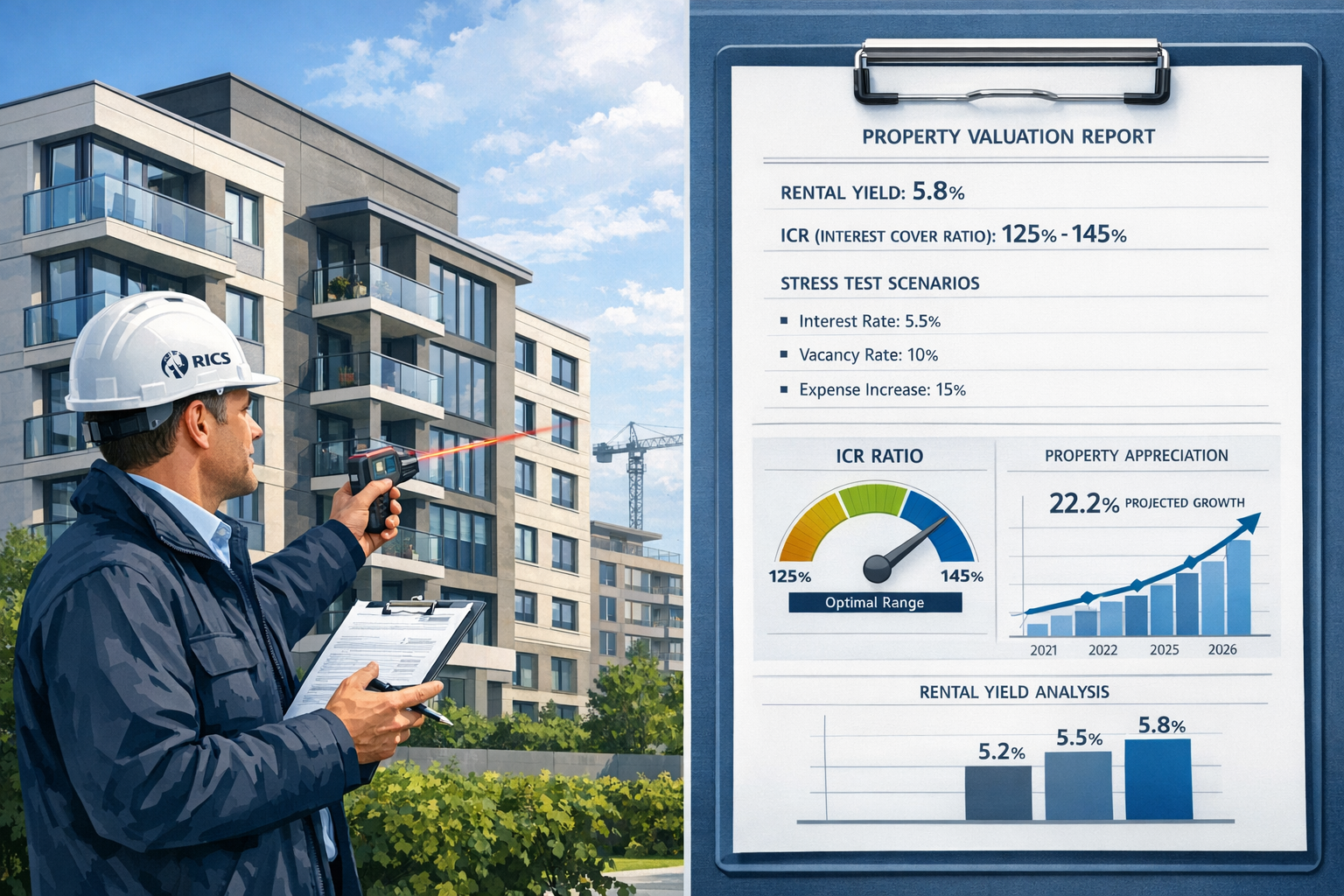 () detailed illustration showing RICS surveyor conducting institutional property portfolio assessment, split-screen
