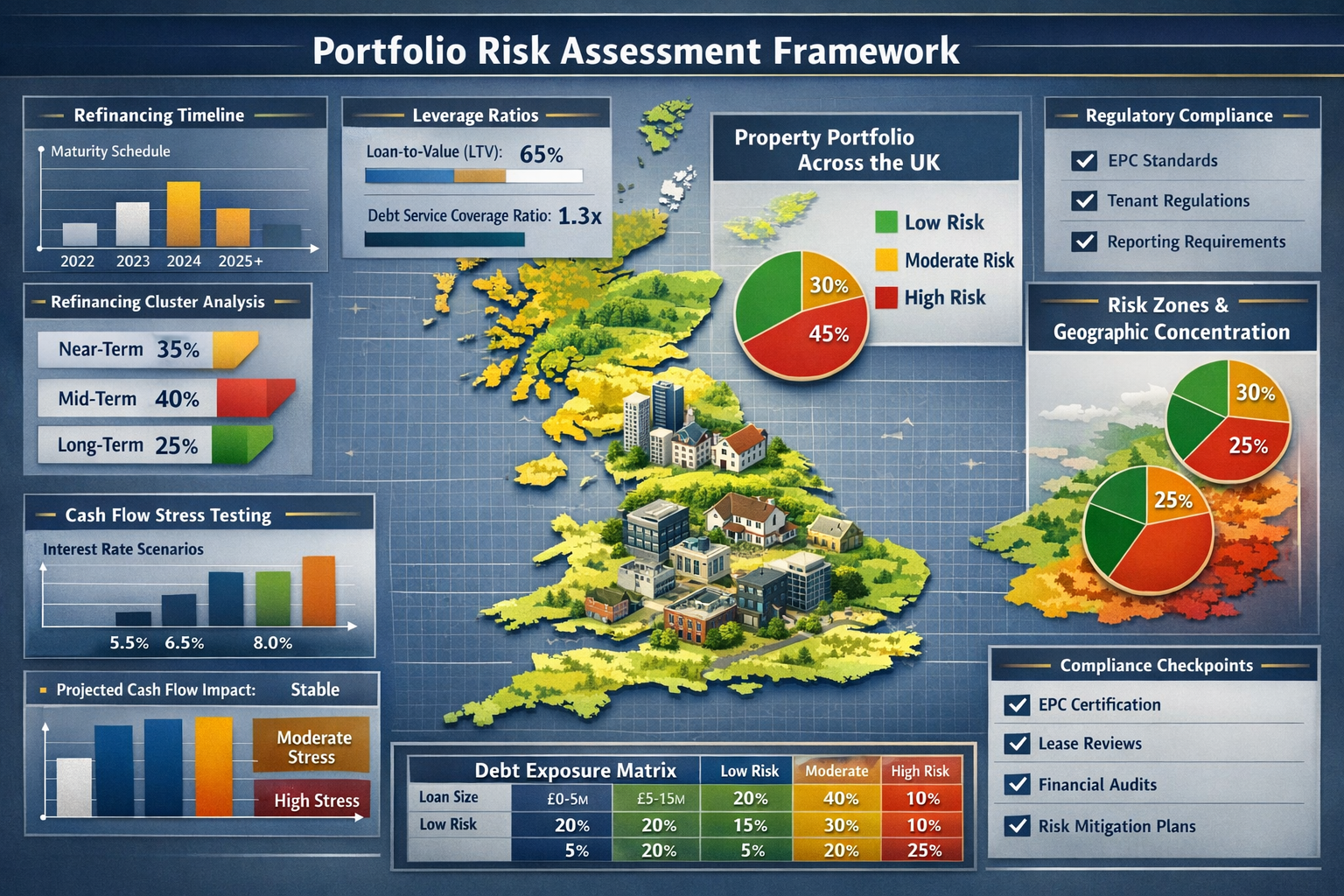() comprehensive infographic displaying portfolio risk assessment framework, aerial view of diverse property portfolio