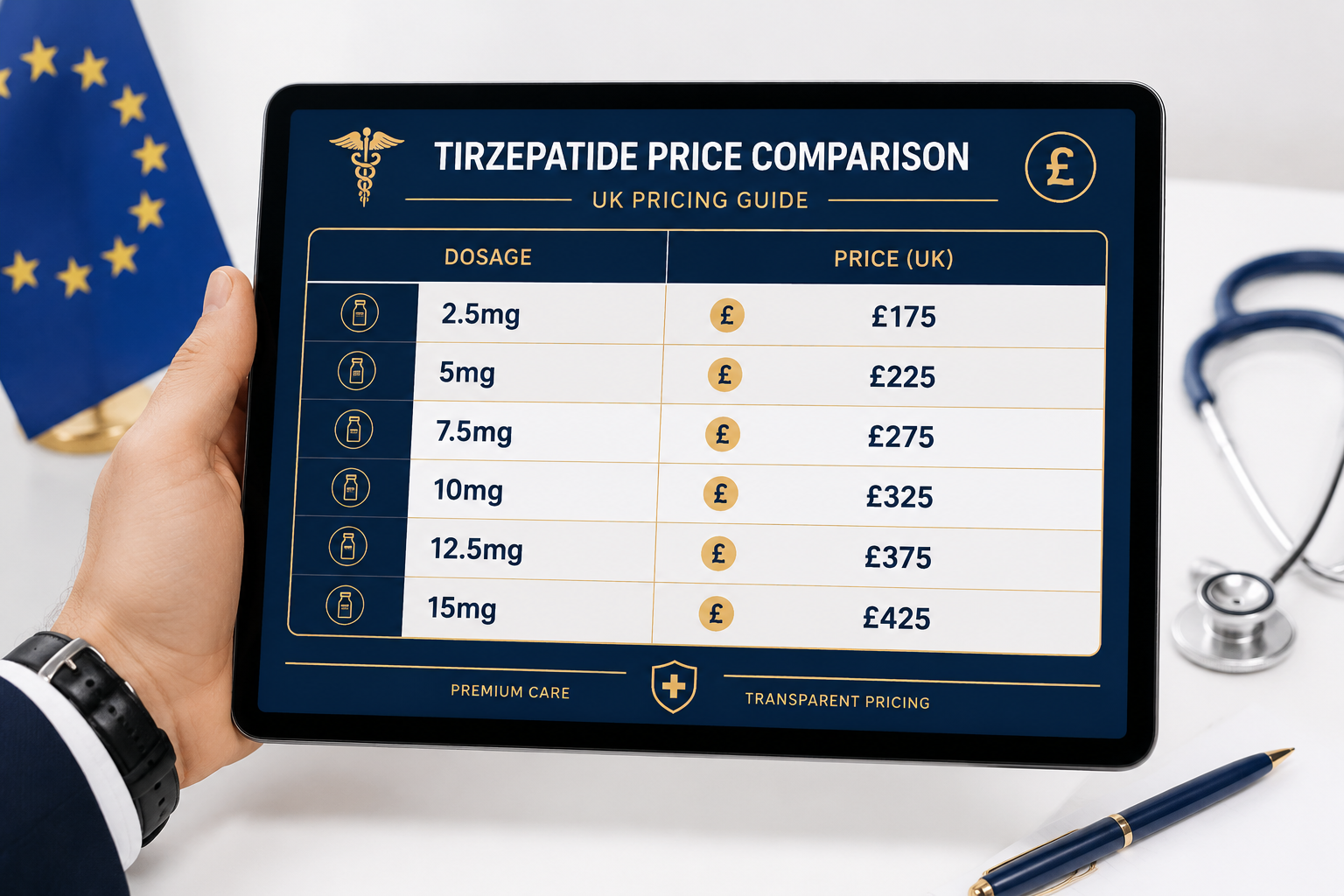 () editorial infographic-style image showing a side-by-side price comparison table for Tirzepatide dosages in the UK,