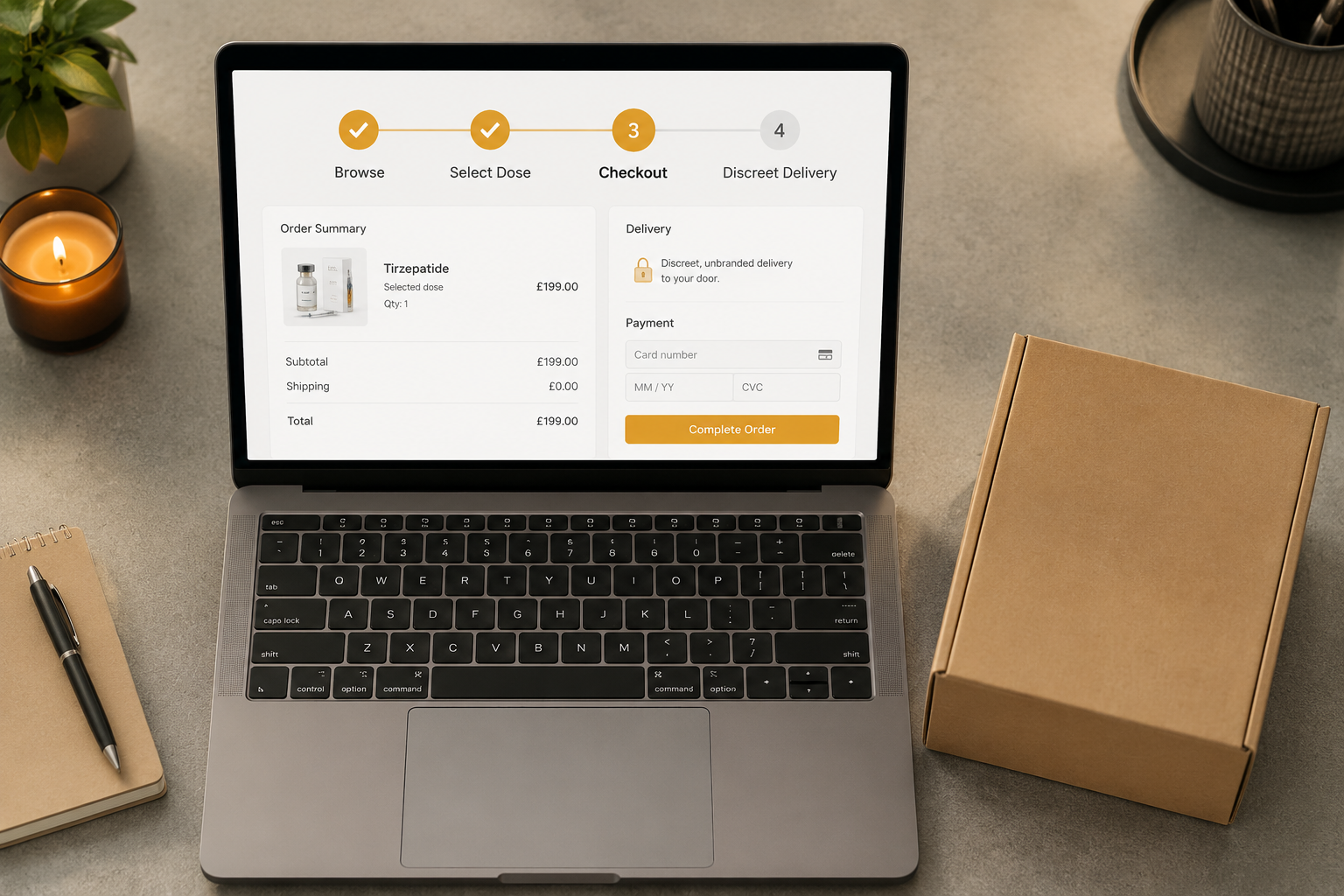 () concept illustration showing a streamlined online ordering process for Tirzepatide in the UK — a laptop screen displaying