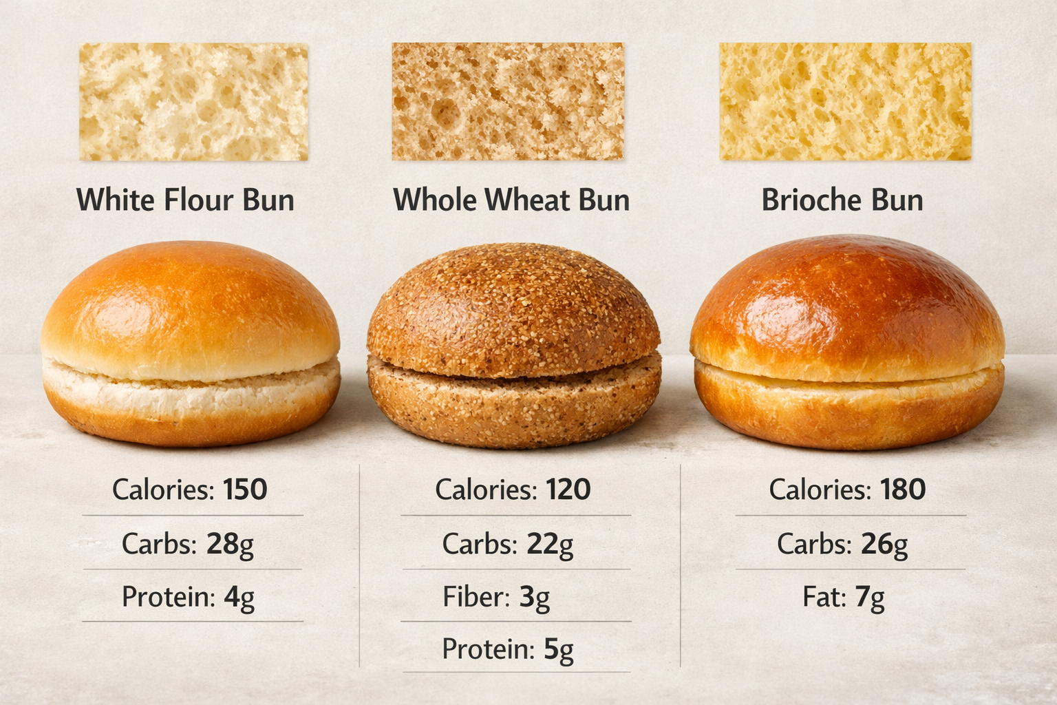 A side-by-side comparison visual of three burger bun types (white flour, whole wheat, brioche) with nutritional callouts and