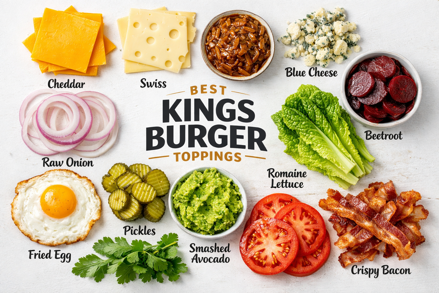 A visual ingredient guide showing the best Kings Burger toppings arranged in a flat lay: cheddar, swiss, blue cheese, raw