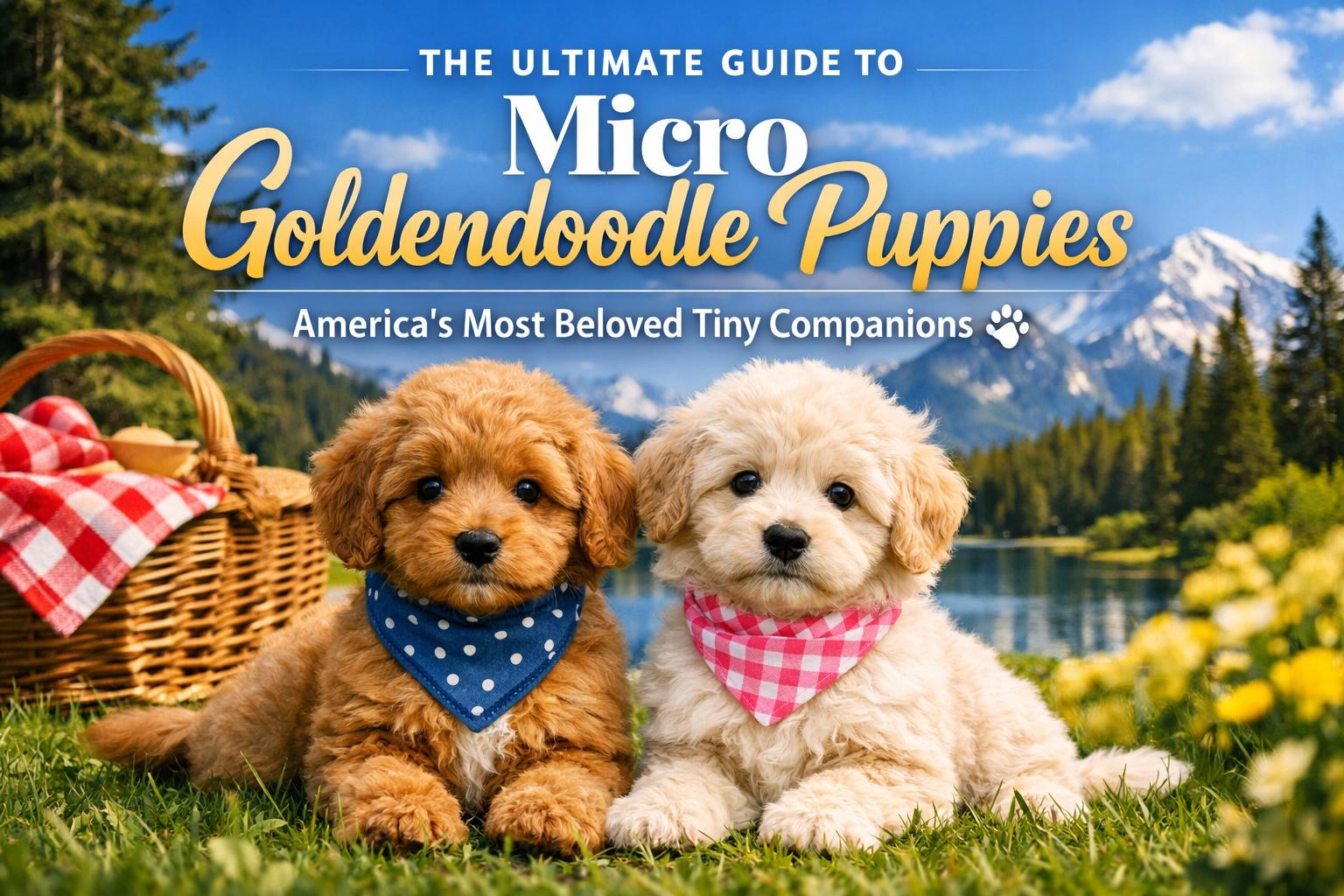 Professional landscape hero image (1536x1024) with bold text overlay: "The Ultimate Guide to Micro Goldendoodle Puppies: America's Most Belo
