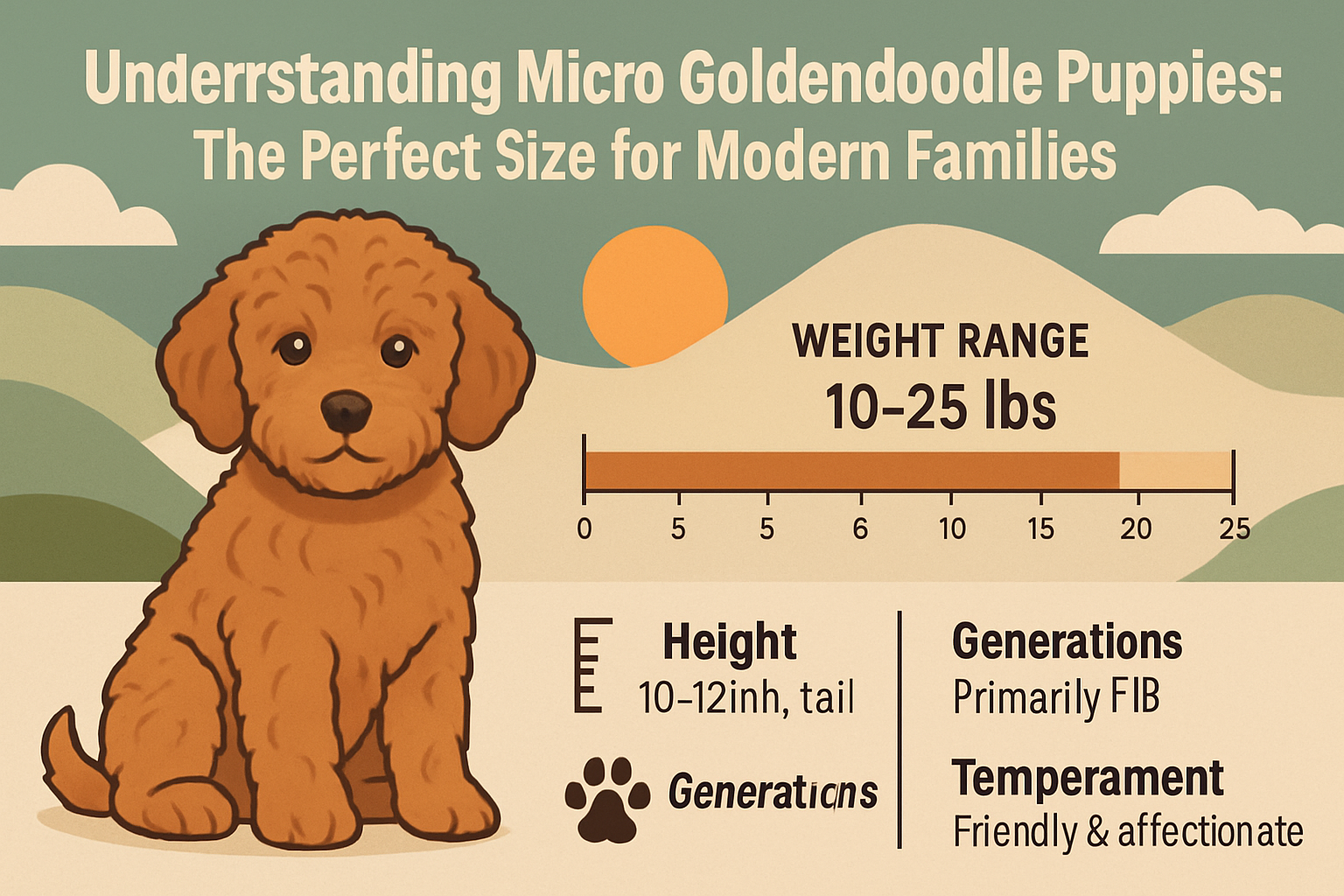 Professional landscape infographic (1536x1024) for article "The Ultimate Guide to Micro Goldendoodle Puppies: America's Most Beloved Tiny Co