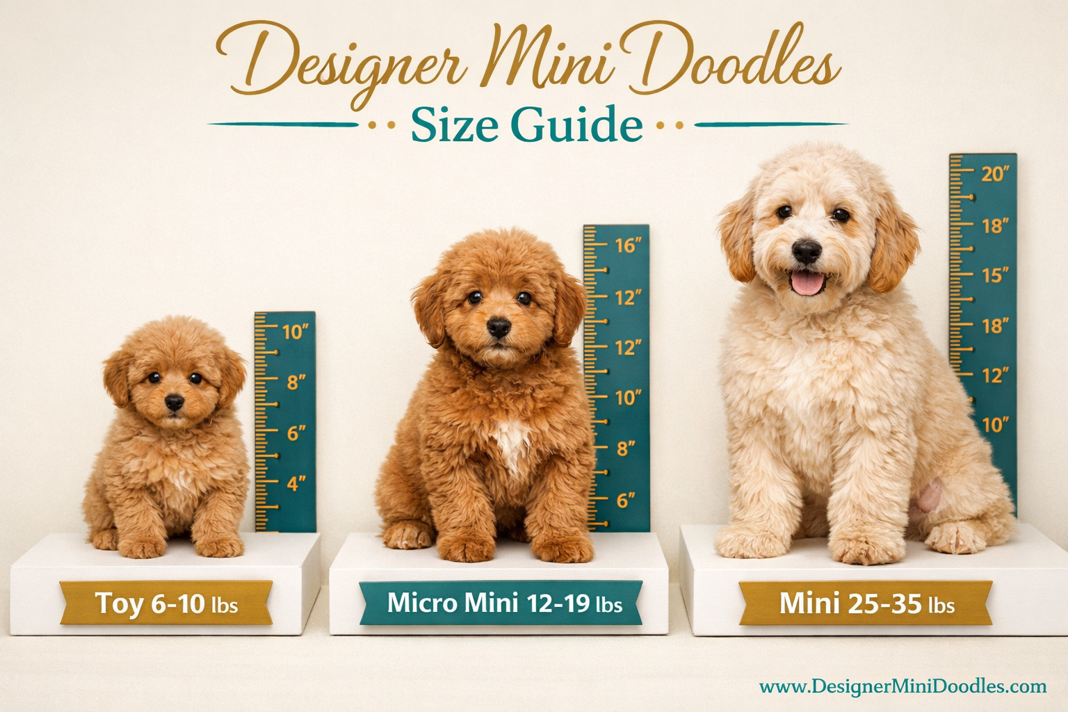 () detailed infographic-style image showing three fluffy goldendoodle puppies side by side in different sizes labeled 'Toy