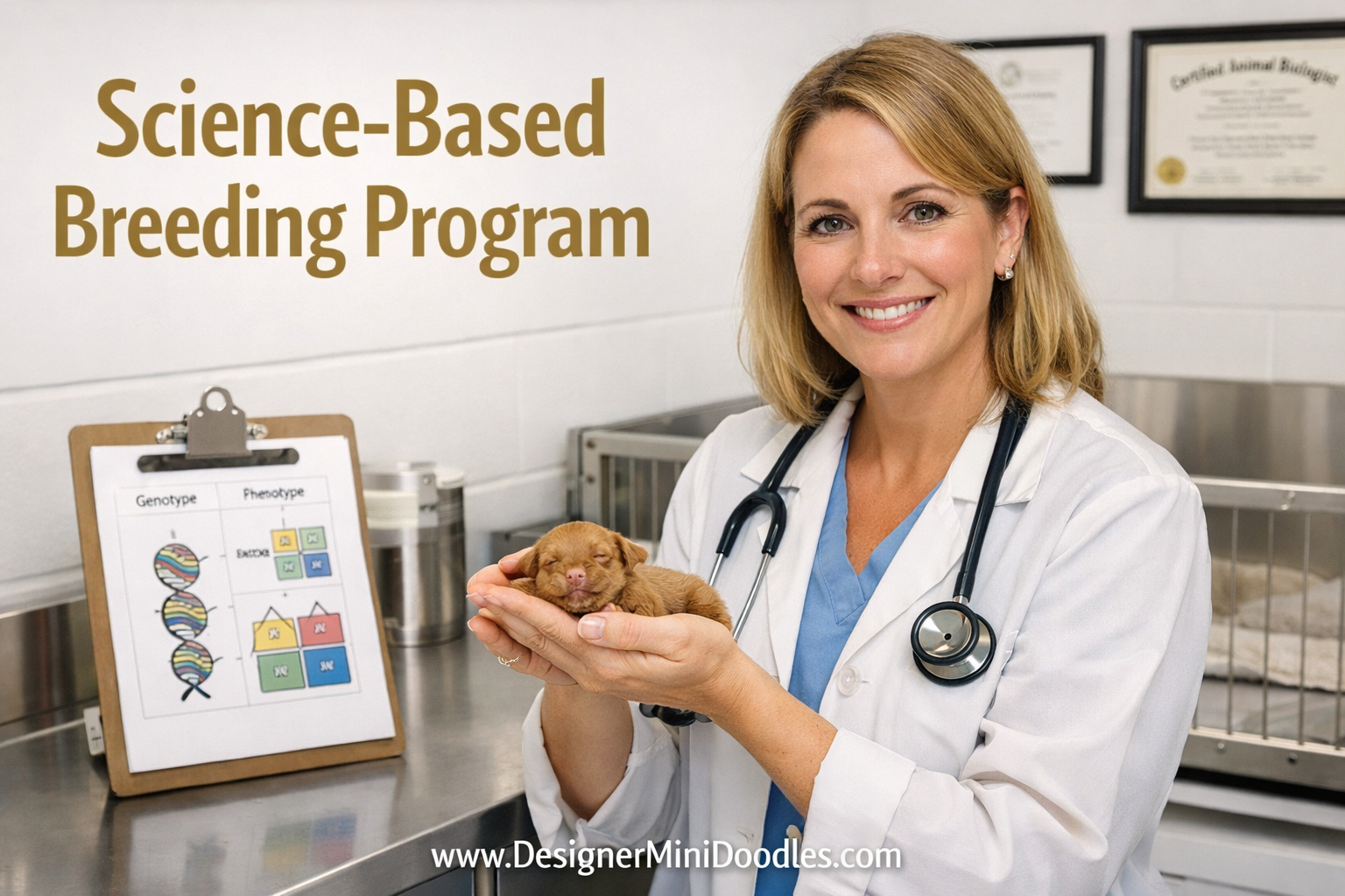 () image showing a professional animal biologist woman in a clean modern whelping facility holding a tiny apricot micro mini