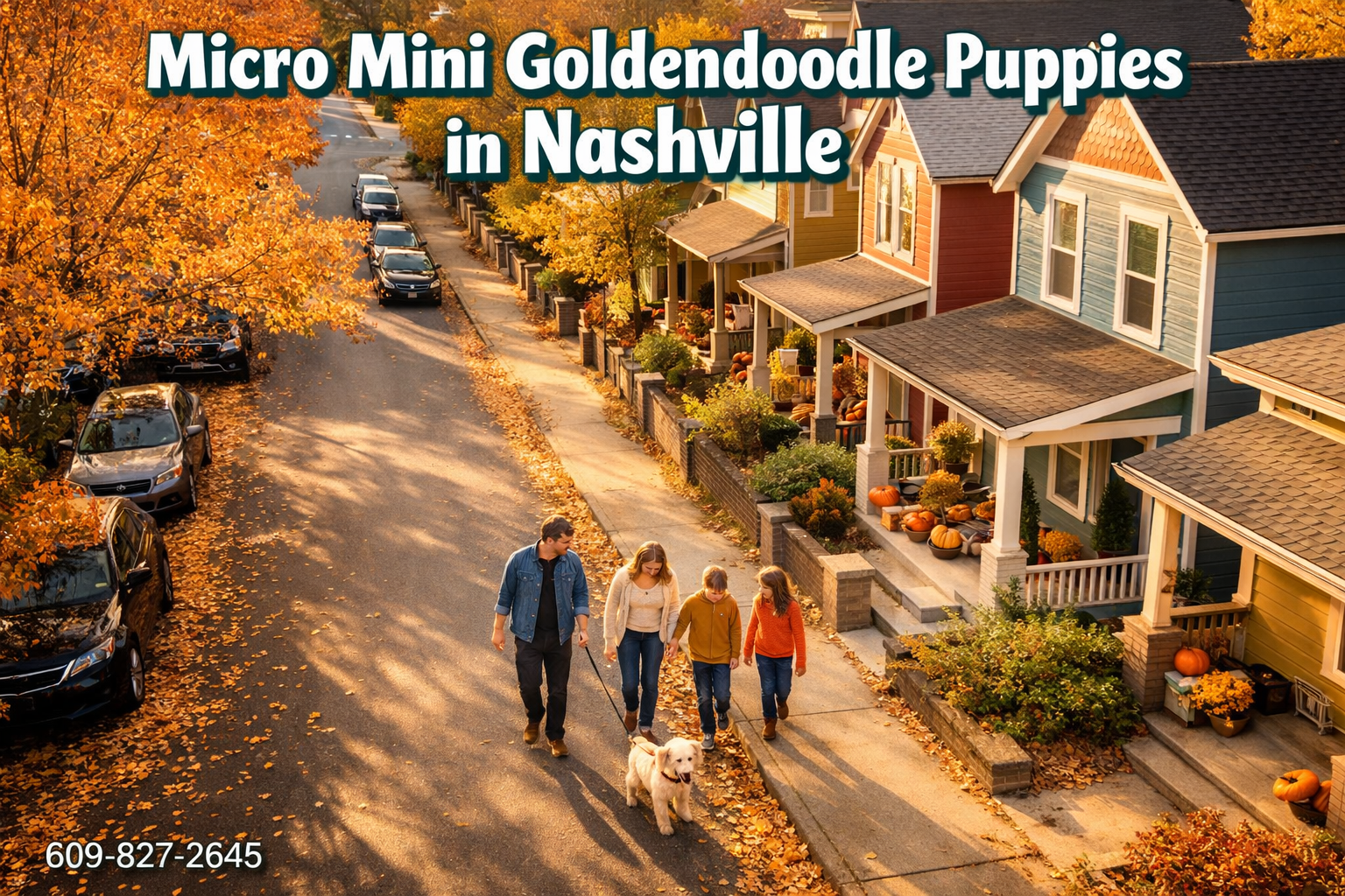 () bird's-eye view of a cozy Nashville neighborhood street with a happy family walking a fluffy cream micro mini