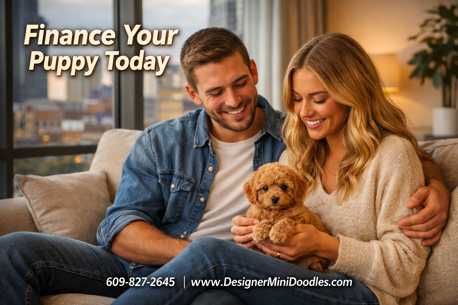 () warm lifestyle image of a smiling Nashville couple sitting on a couch with a tiny fluffy apricot micro mini goldendoodle