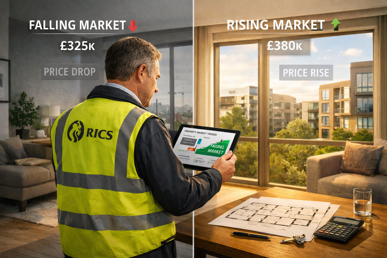Detailed () editorial image showing RICS surveyor conducting flat valuation inside modern UK apartment with large windows,