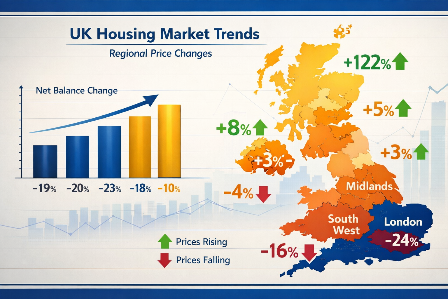 Comprehensive () infographic-style image displaying UK map with regional price variation heat map, darker shades for London