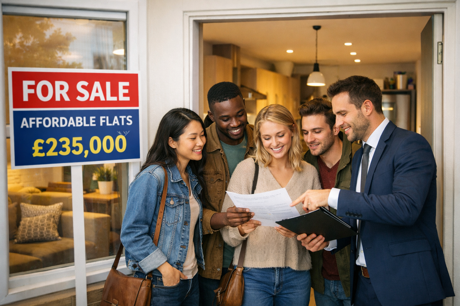 Engaging () image showing diverse group of first-time buyers viewing affordable flats with estate agent, hopeful