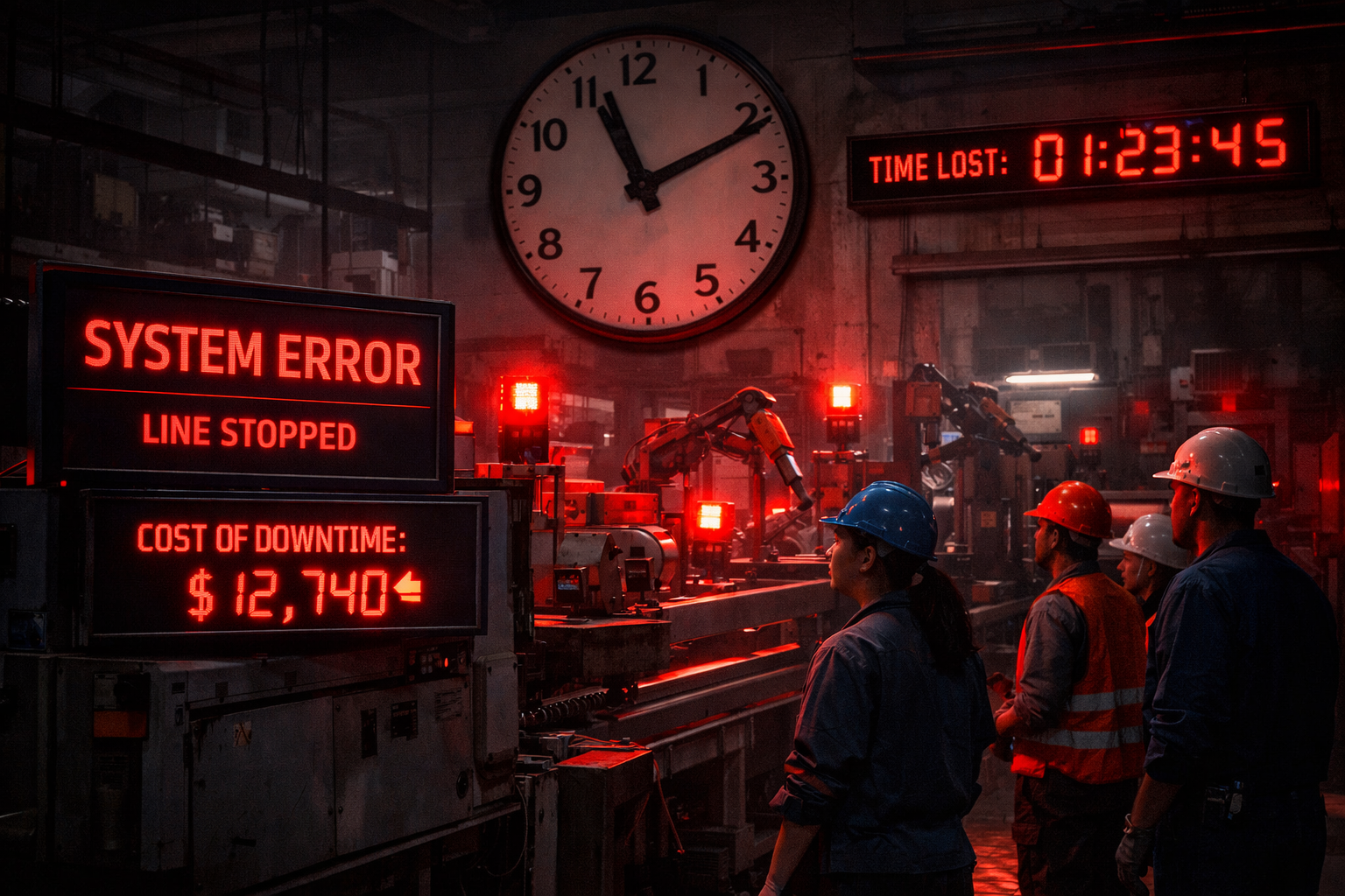 () image showing manufacturing production line suddenly stopped with red warning lights, workers standing idle around halted