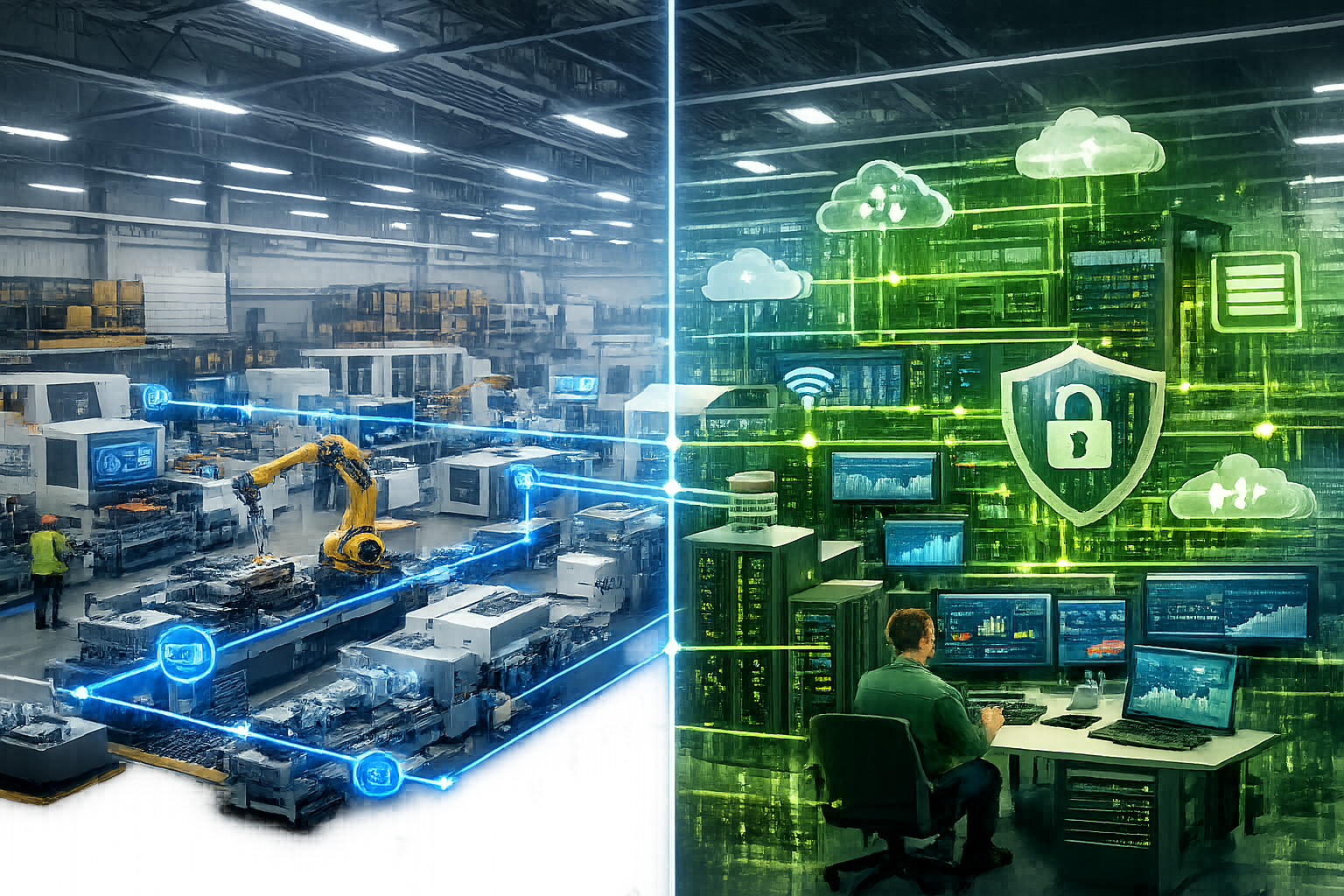 Wide () cutaway view of modern manufacturing facility showing both visible factory floor and transparent of IT