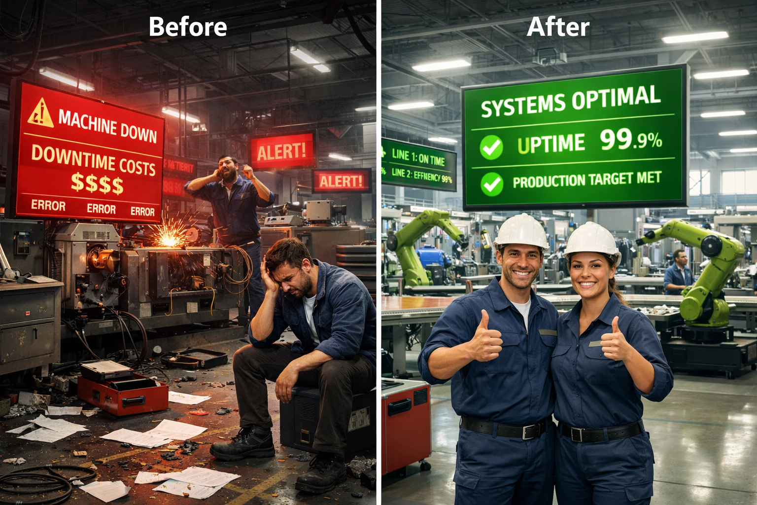 () before-and-after comparison showing manufacturing facility transformation: left side depicts chaotic scene with broken