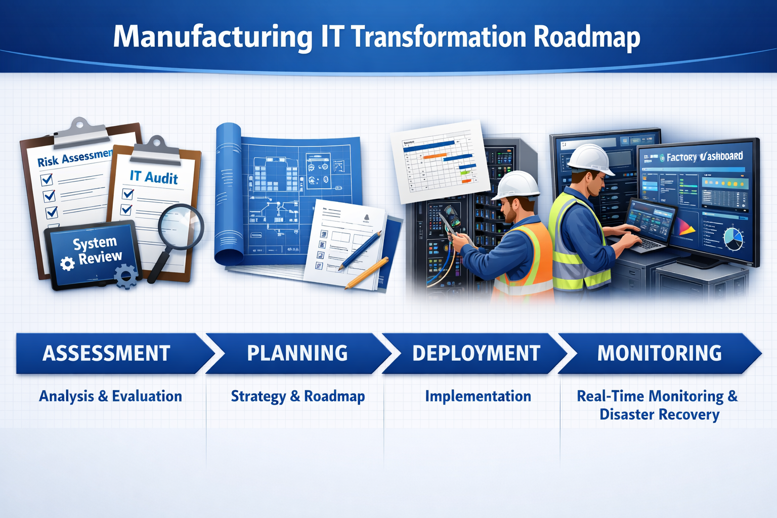 () implementation roadmap infographic showing step-by-step manufacturing IT transformation process: assessment phase with